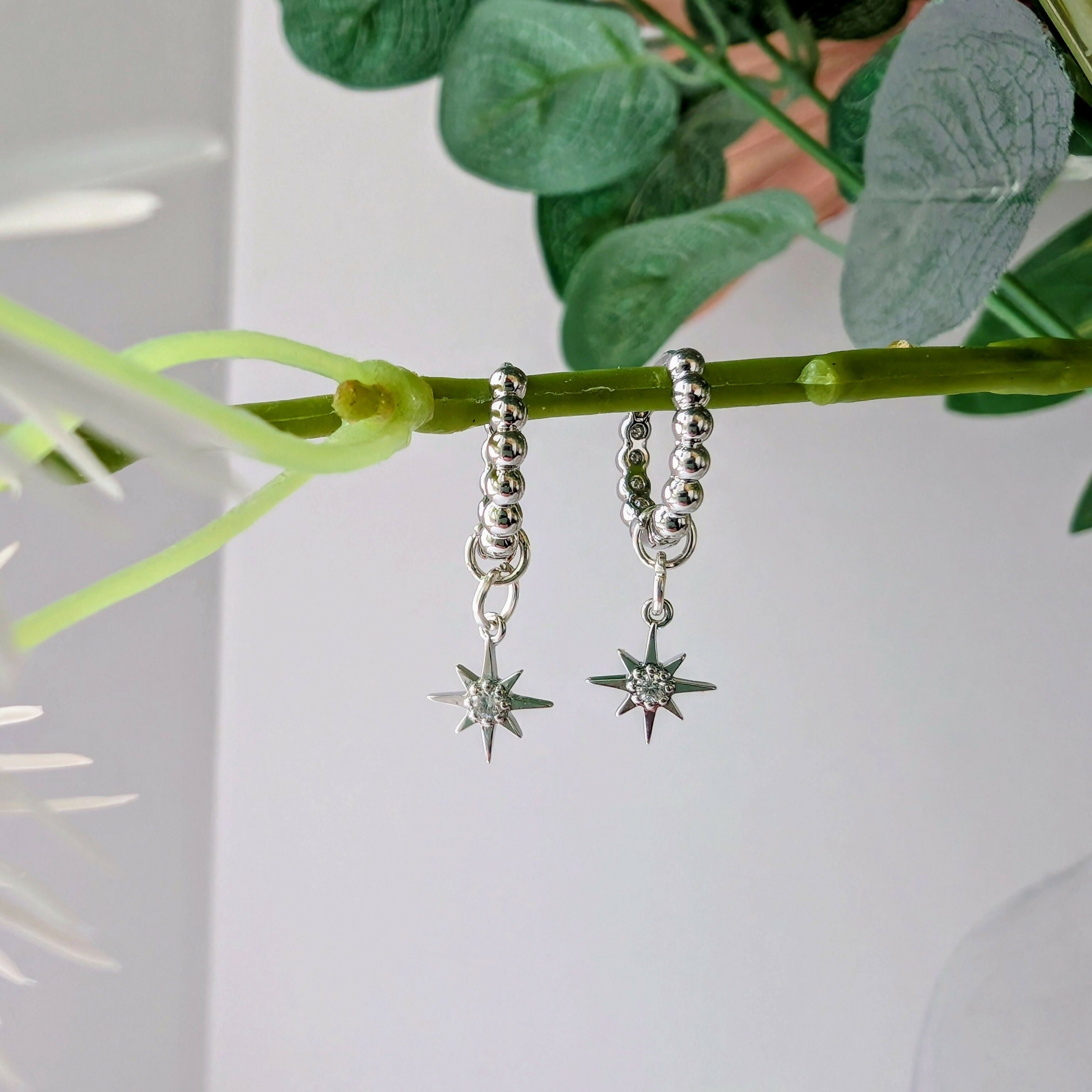 Silver Plated Bead Huggie Earrings with a Tiny Silver Cubic Zirconia Star Charm