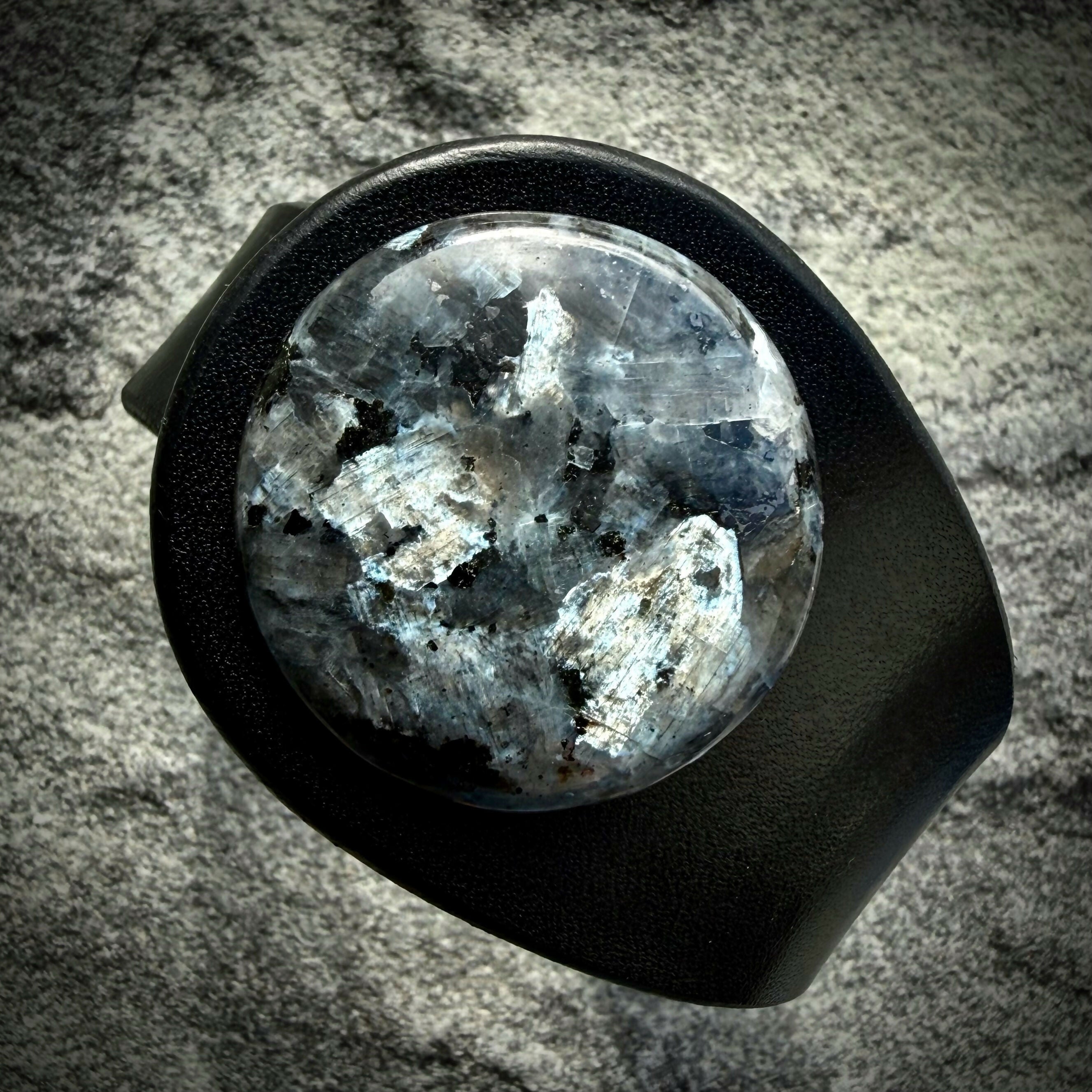 Handcrafted Natural Leather & Larvikite Gemstone Bracelet - Size S or M