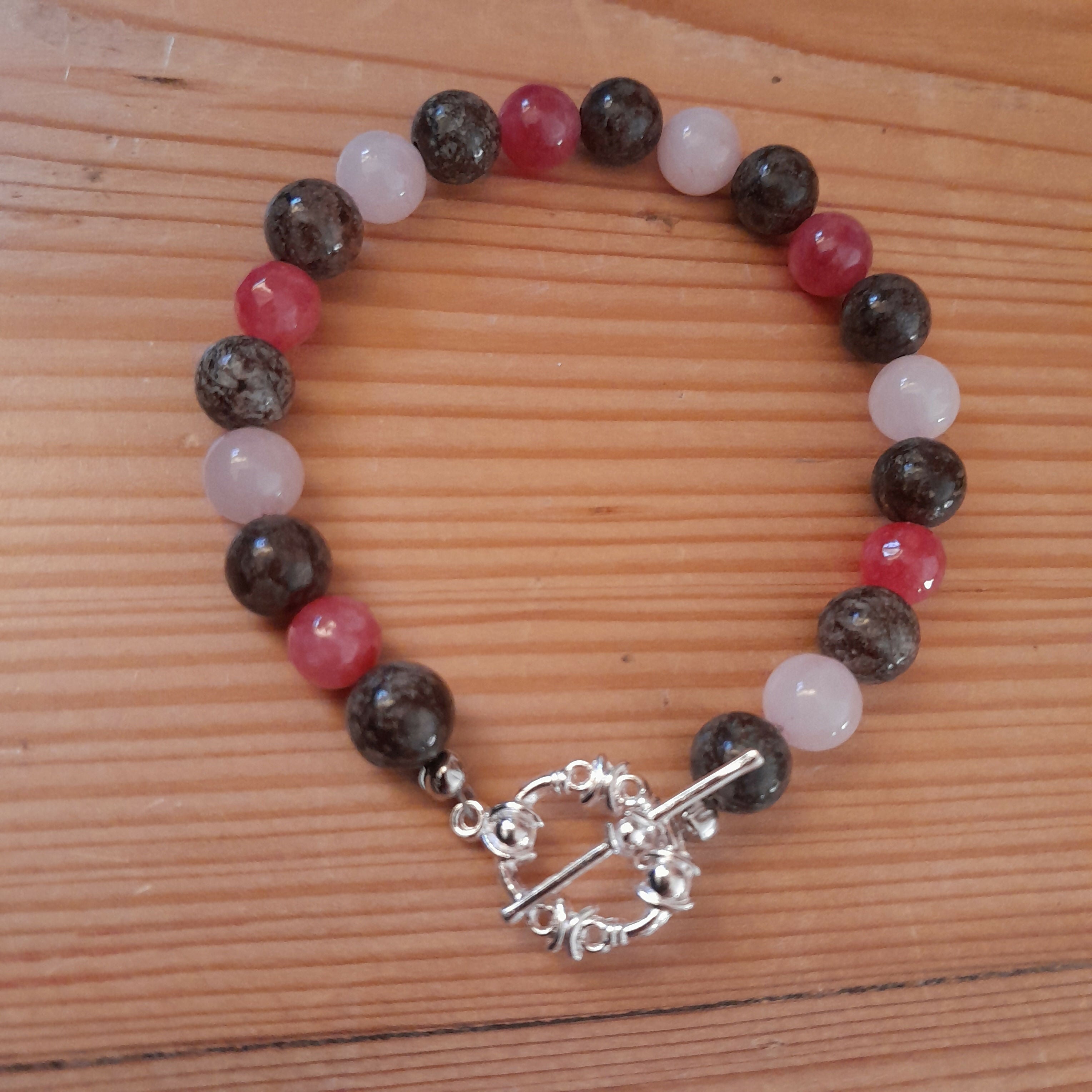 Tibetan Silver Toggle Catch Bracelet with Coffee Snowflake Obsidian, Rose Quartz & Strawberry Quartz.