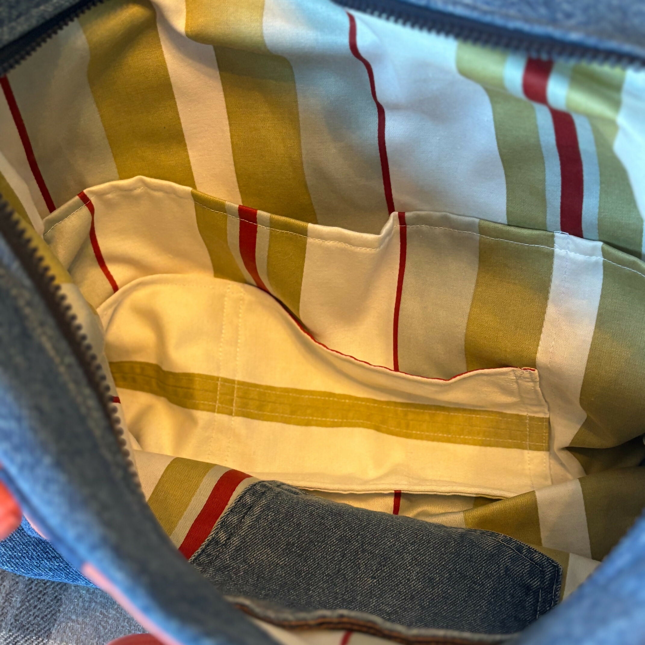 Unique Handcrafted Striped Denim Large Tote Bag Handbag Made From Upcycled Jeans