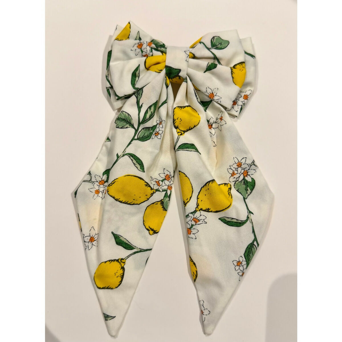 Cream Lemon Print Hair Bow with Barrette Clip