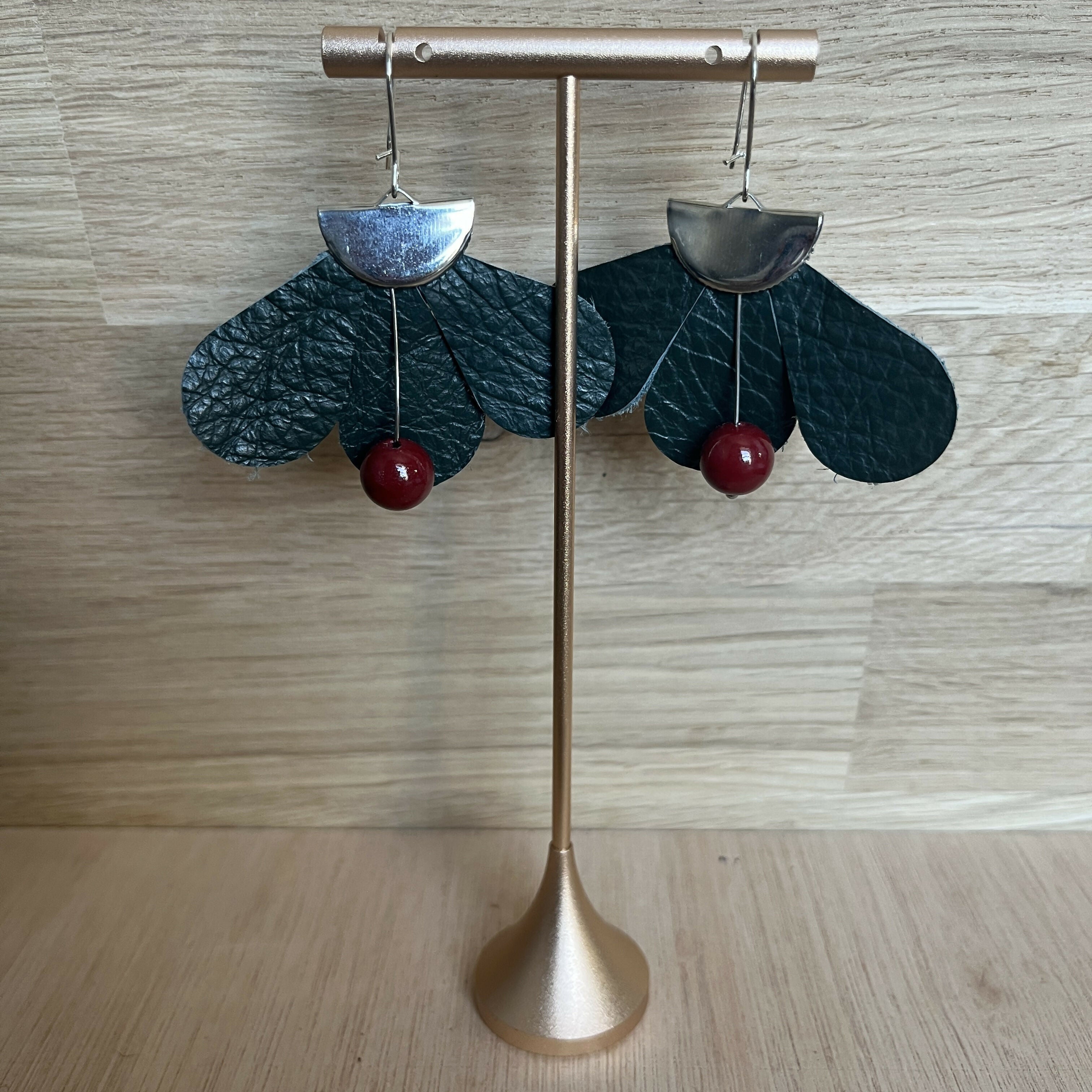 Forest Whisper – Dark Green Thin Leather Flower Earrings with Burgundy Stone