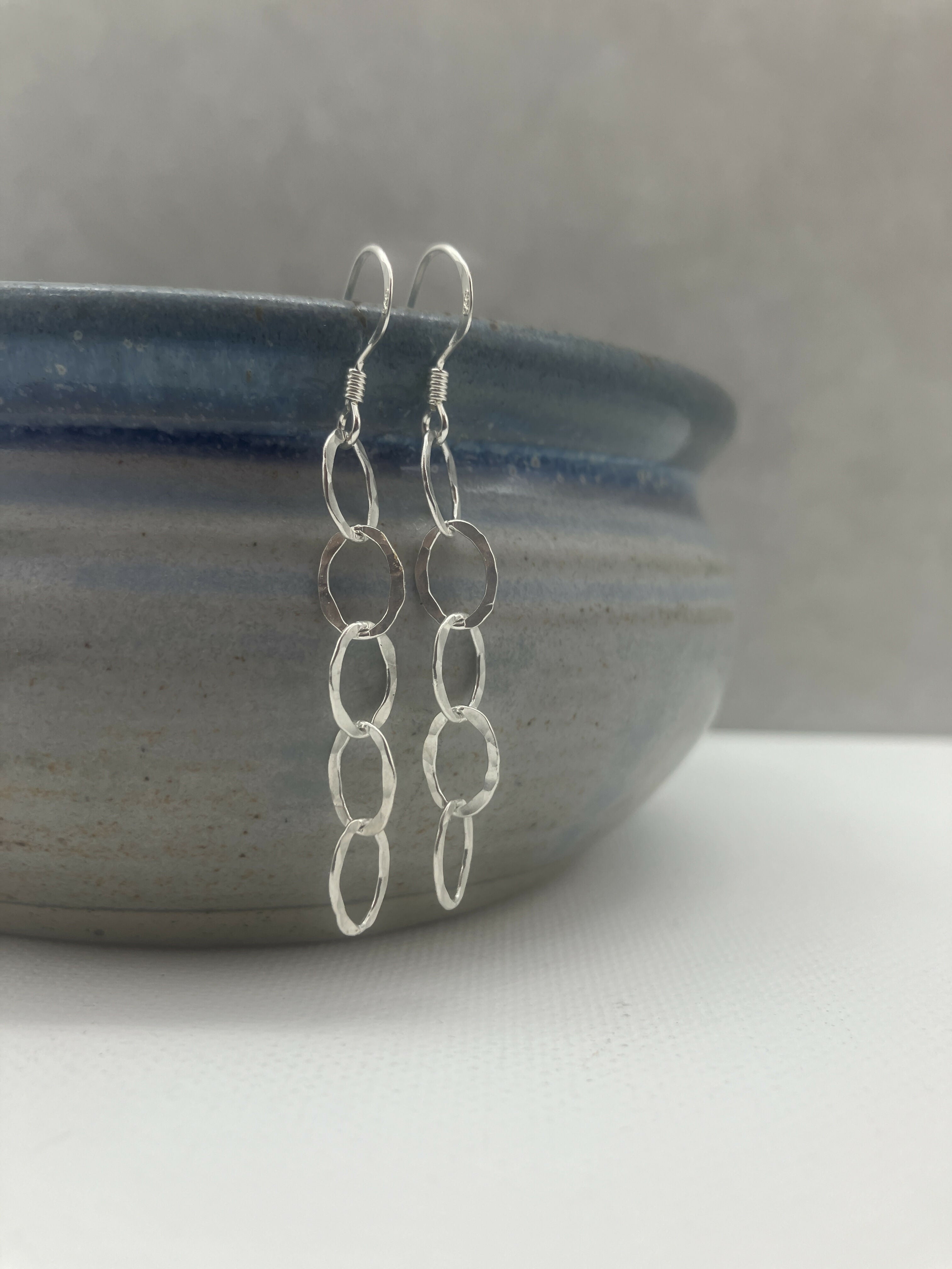 Hammered Oval Link Chain Silver Earrings