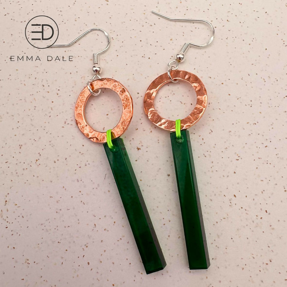 Green Acrylic Bar & Hand-Hammered CGreen Acrylic Bar & Hand-Hammered Copper Earringsopper Earrings