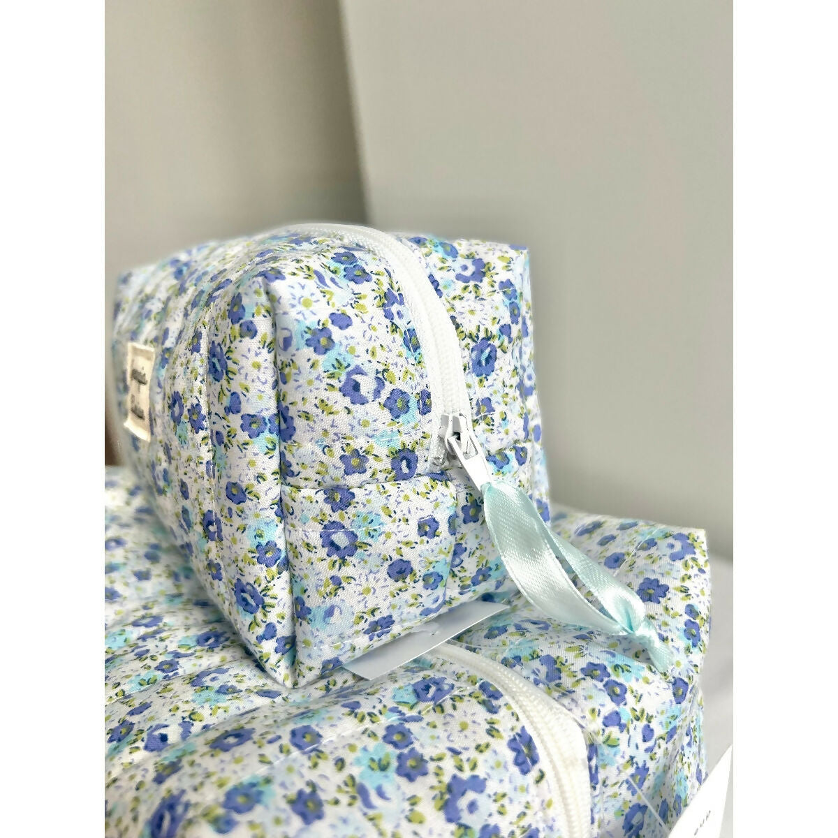 Blue Floral Flower Quilted Waterproof Makeup/Toiletry Bag