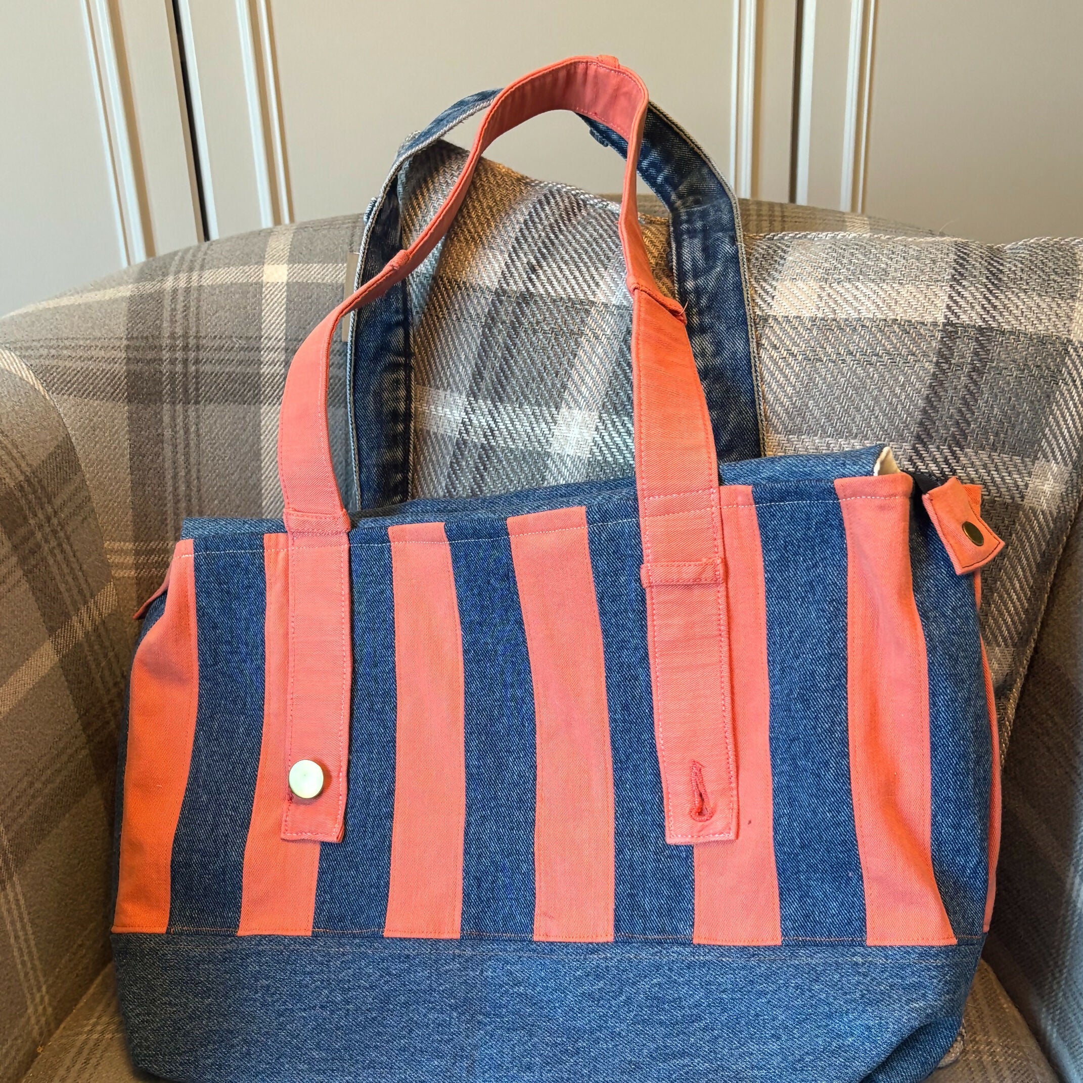 Unique Handcrafted Striped Denim Large Tote Bag Handbag Made From Upcycled Jeans