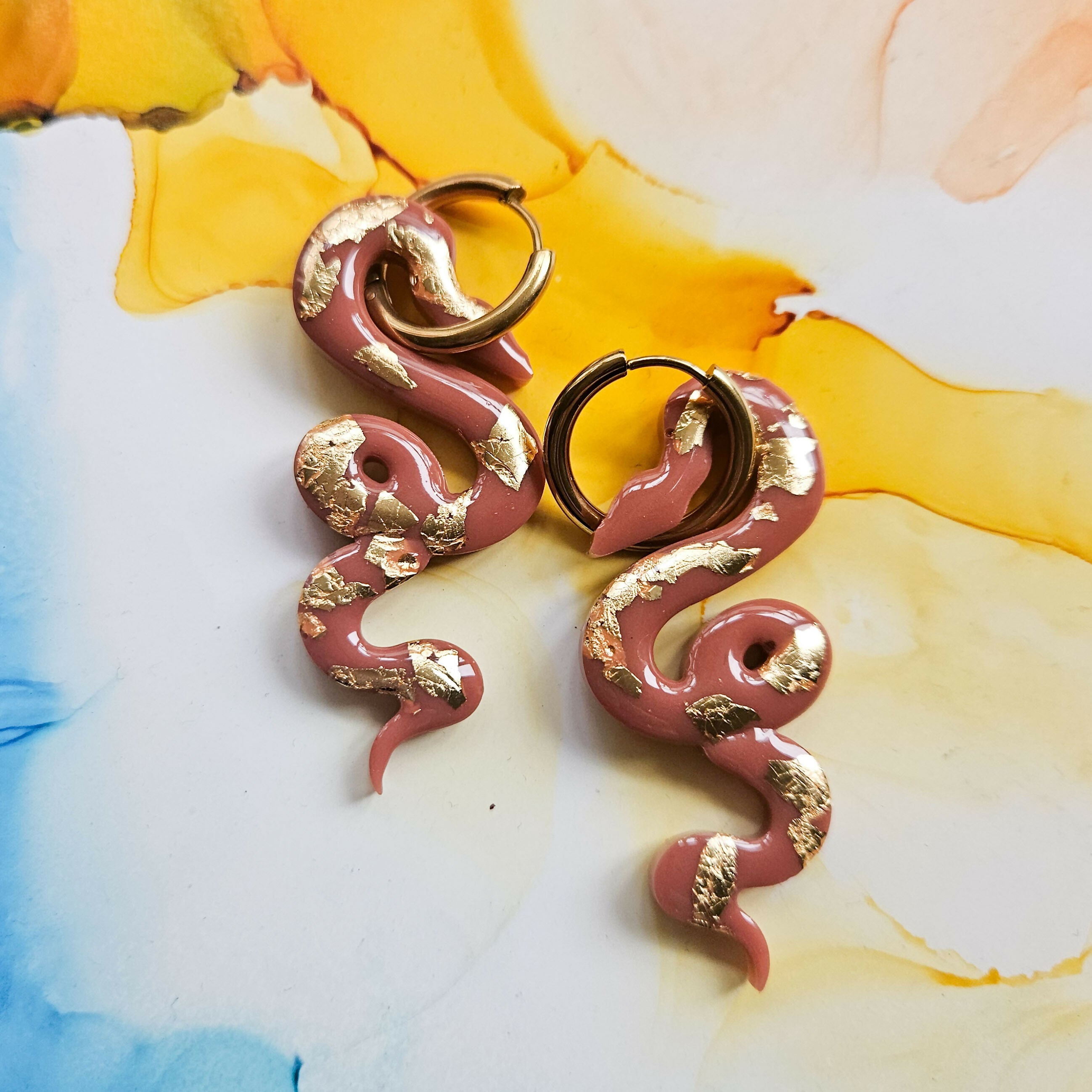 Handmade Dusky Pink And Gold Snake Resin Charms On Chunky Hoops
