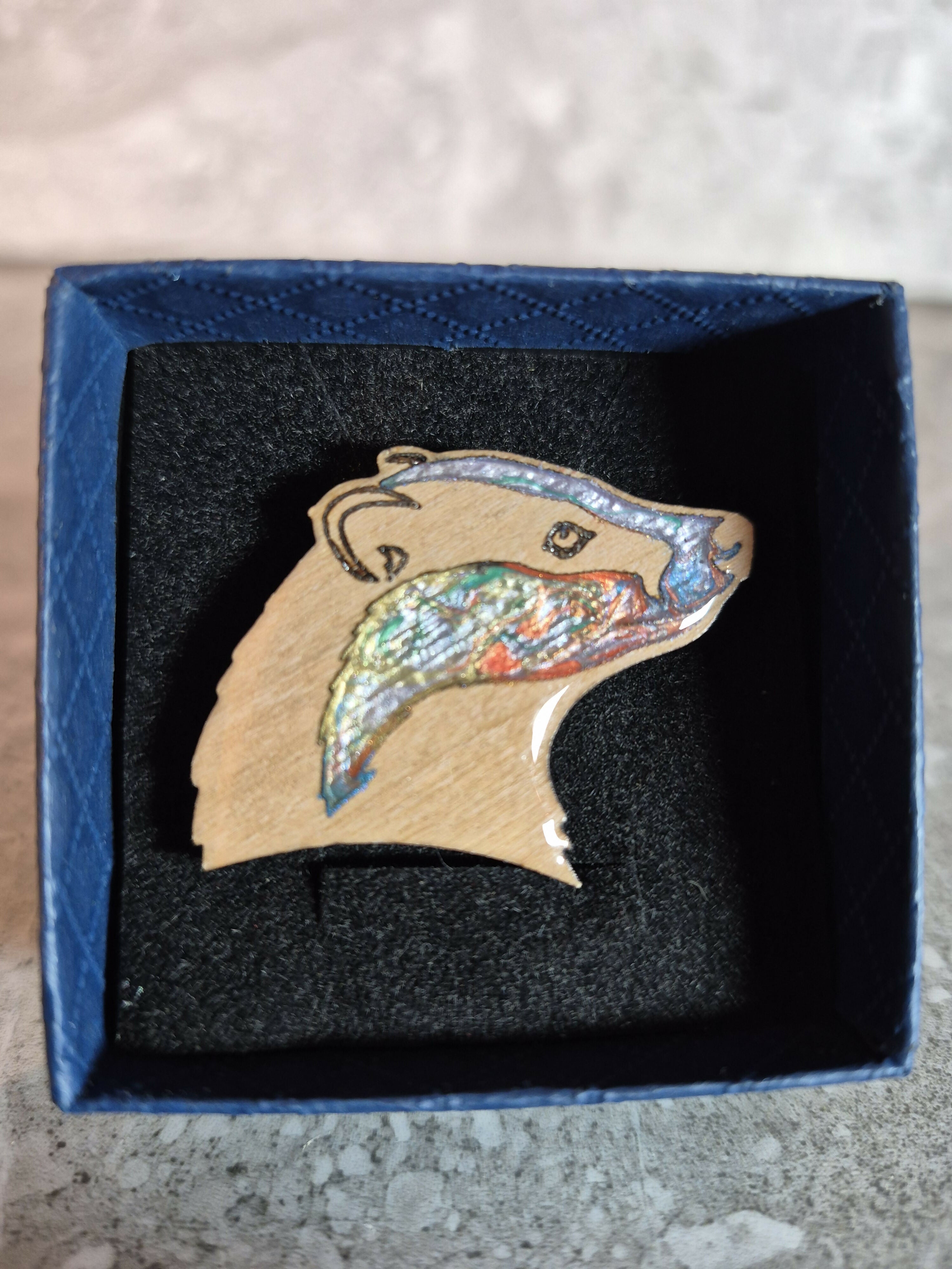 Handcrafted Cherry Veneered Badger Head Pin