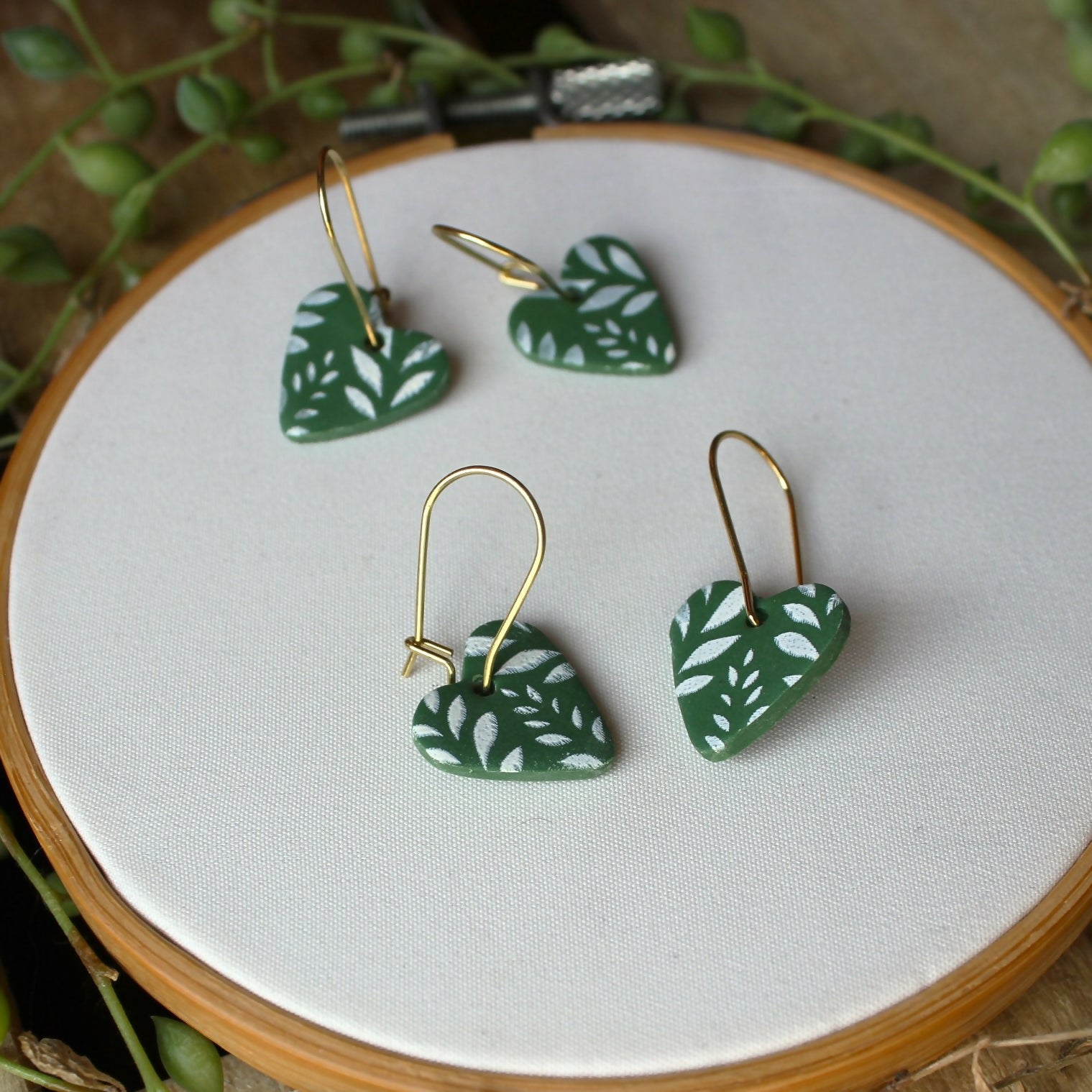 White And Green Leaf Print Heart Earrings