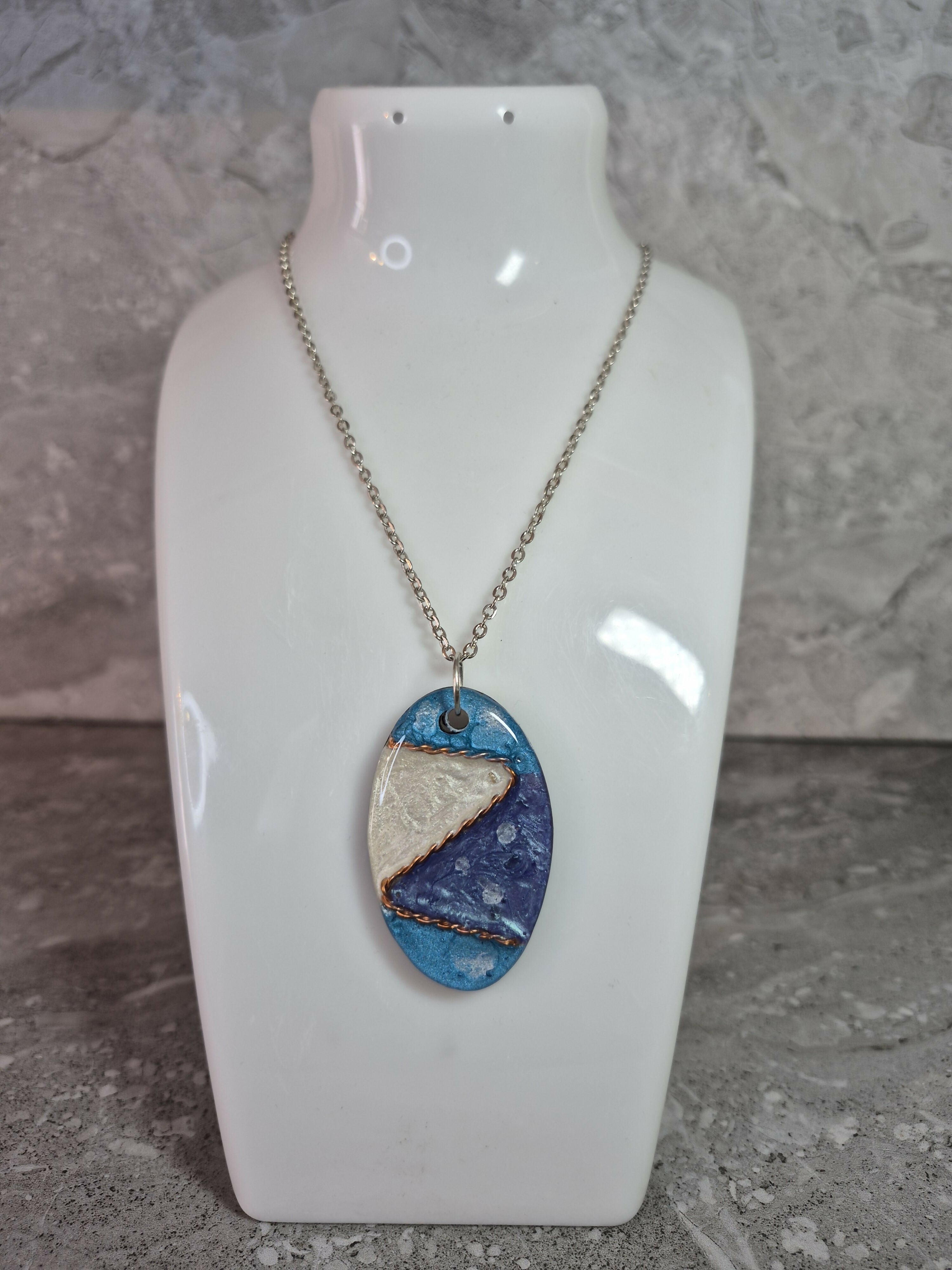 Unique Hand Crafted Oval Cyan, Blue, White Swirl Bohemian Style Pendant