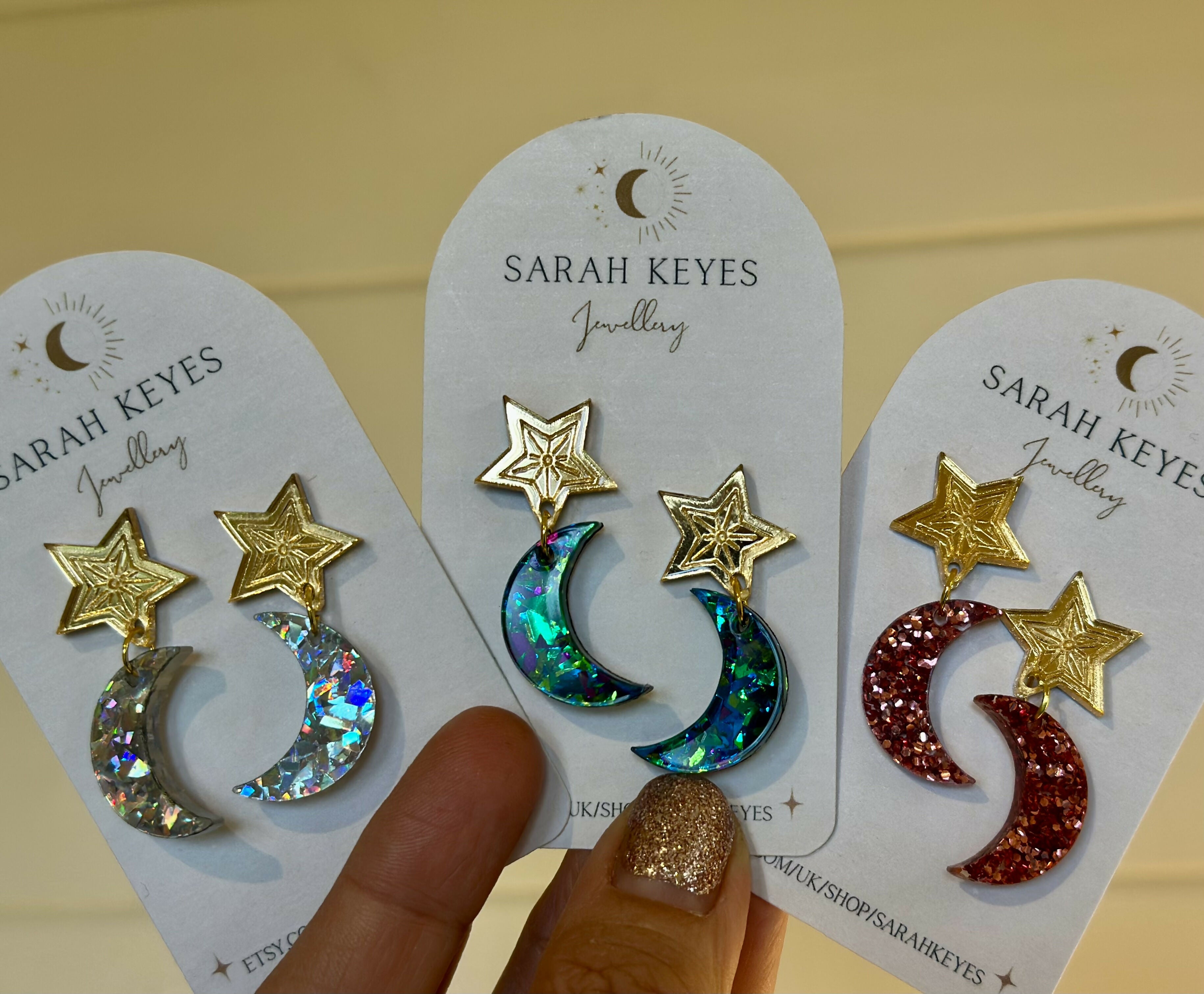 Christmas, Glittery Dangly Moon and Star Earrings