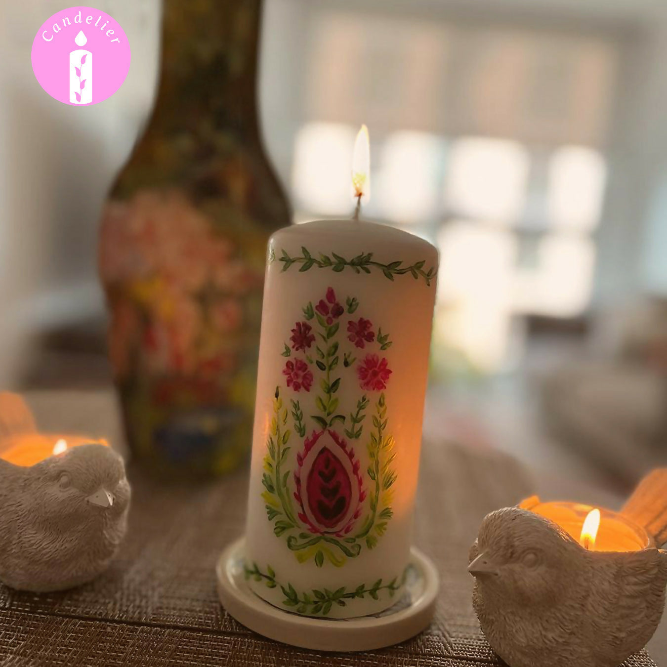 White Candle with Floral Design