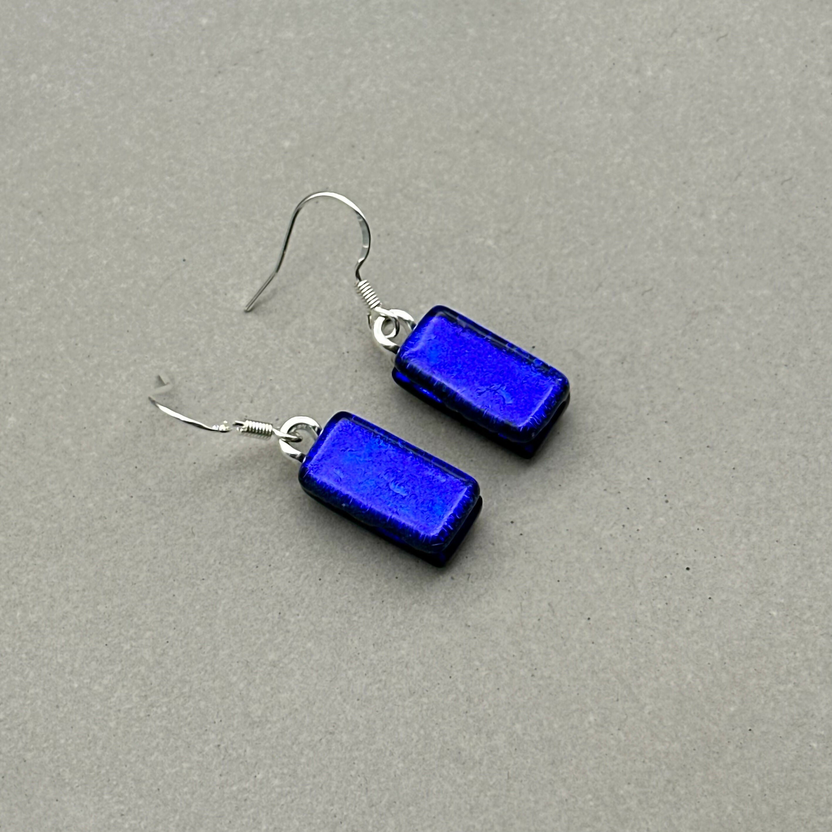 Cobalt Blue Dichroic Fused Glass Dangle Sterling Silver Earrings - Handmade by Jade Tapson Glass.