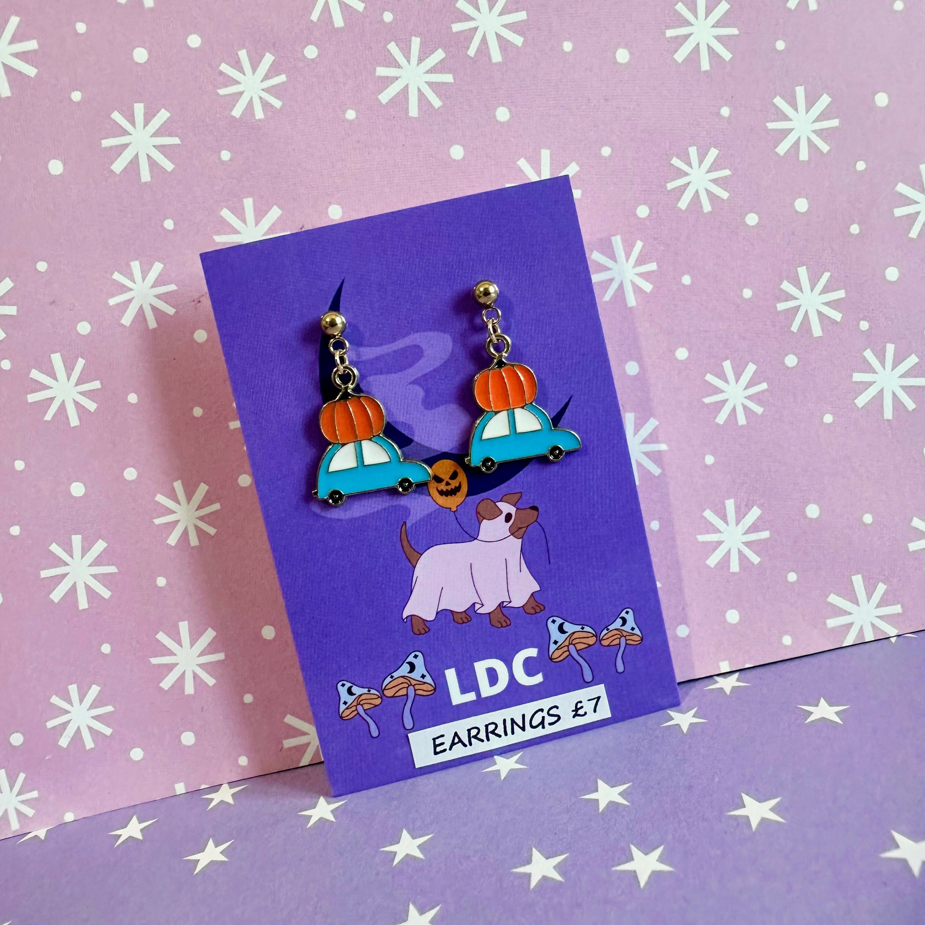 Pumpkin Car Drop Stud Earrings