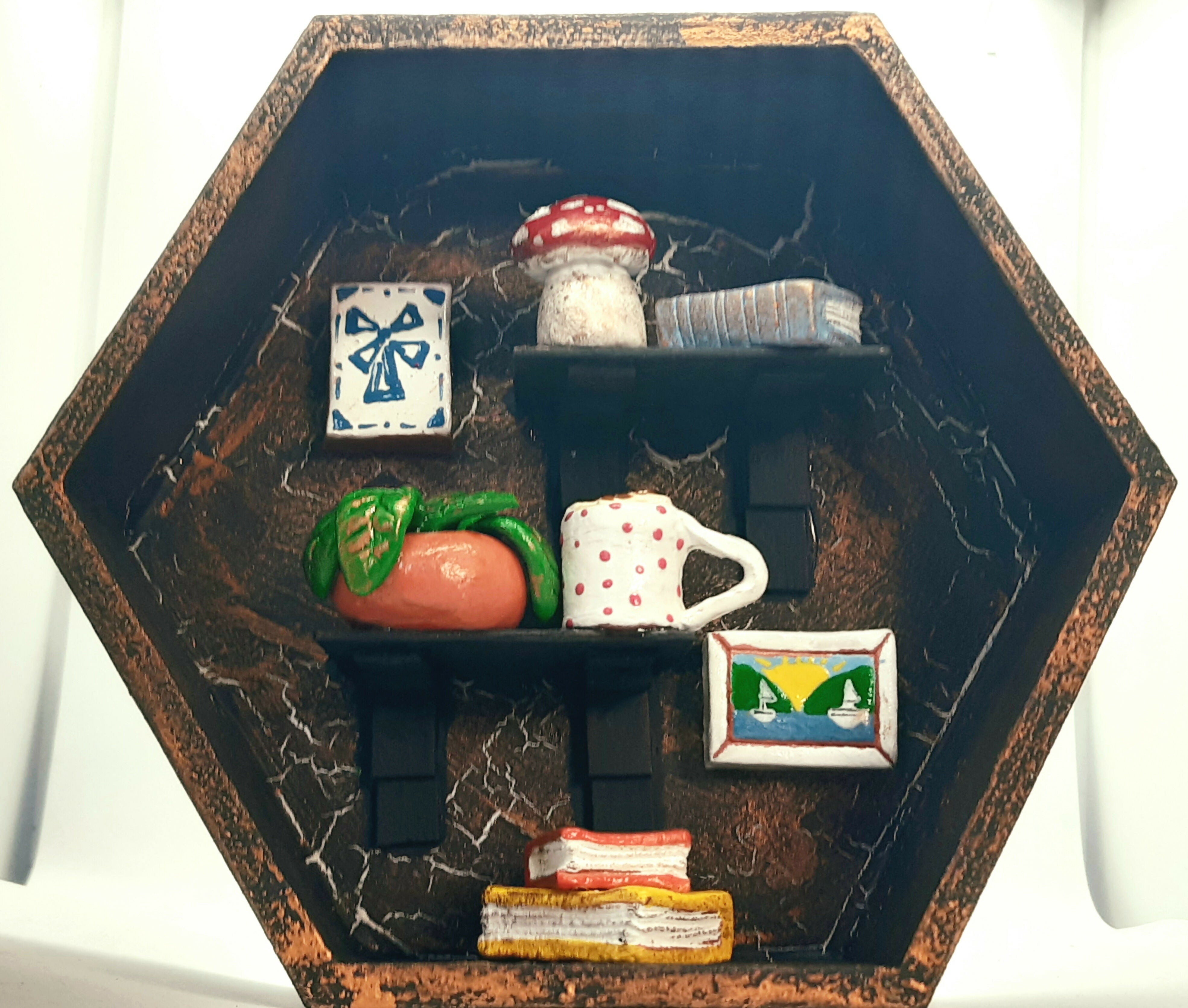 Clay Trinket Filled Hexagonal Wooden Diorama Ornament