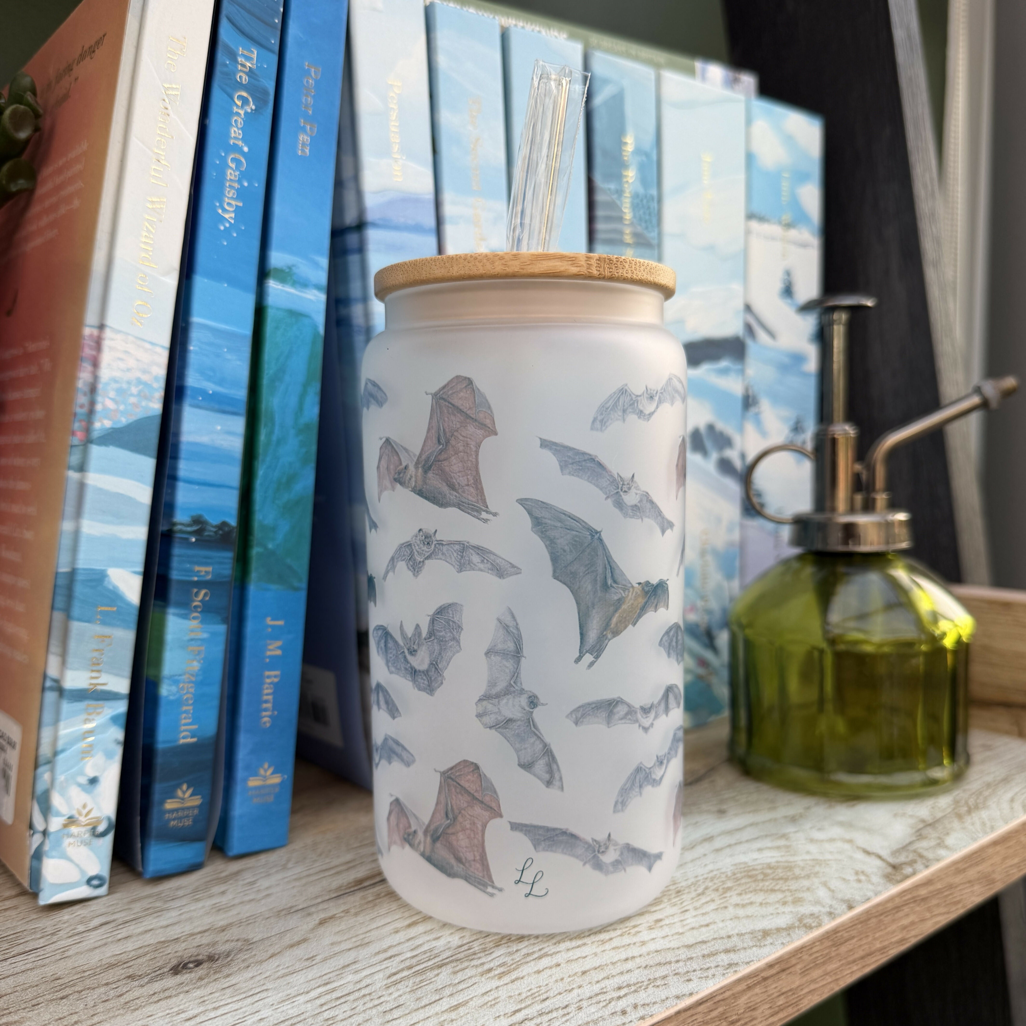 Bat - 16oz Glass Tumbler with Bamboo Lid and Glass Straw