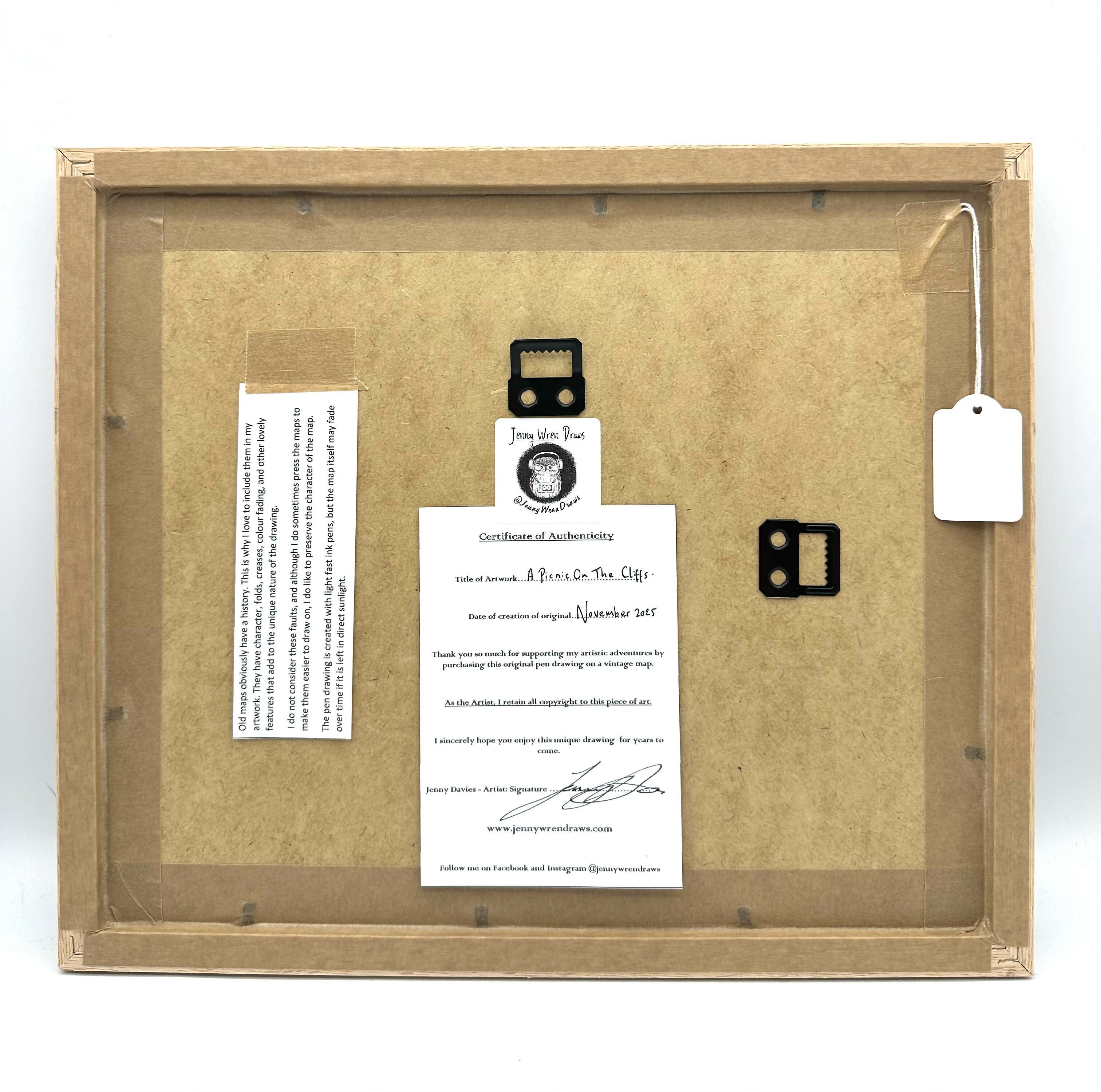 A Picnic On The Cliffs - Original Open Drawing on Vintage Map ( WHITBY-REDCAR) by Jenny Davies