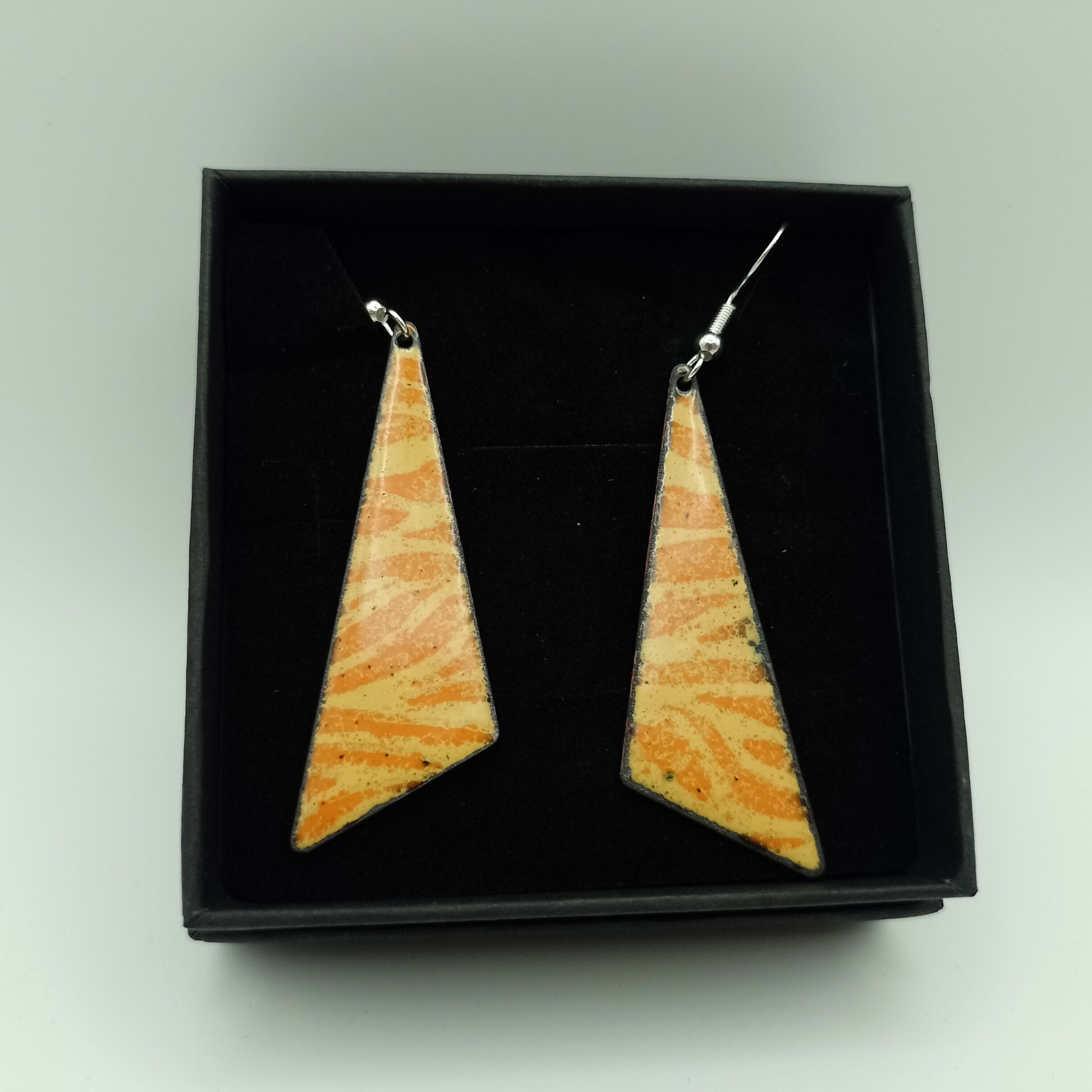 Yellow Triangular Enamel Earrings with Tangerine Orange Stripes
