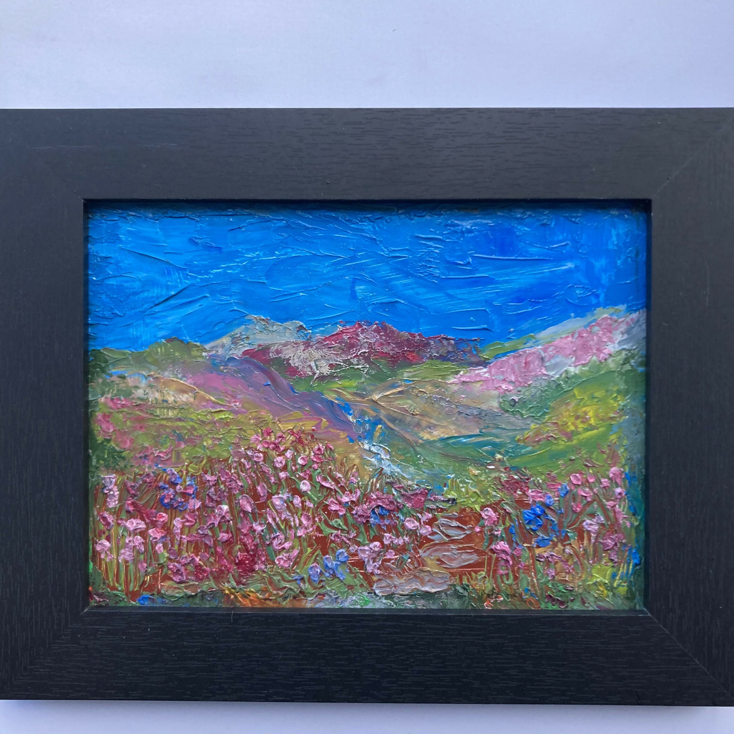 Stepping stones through Heather original black framed oil painting