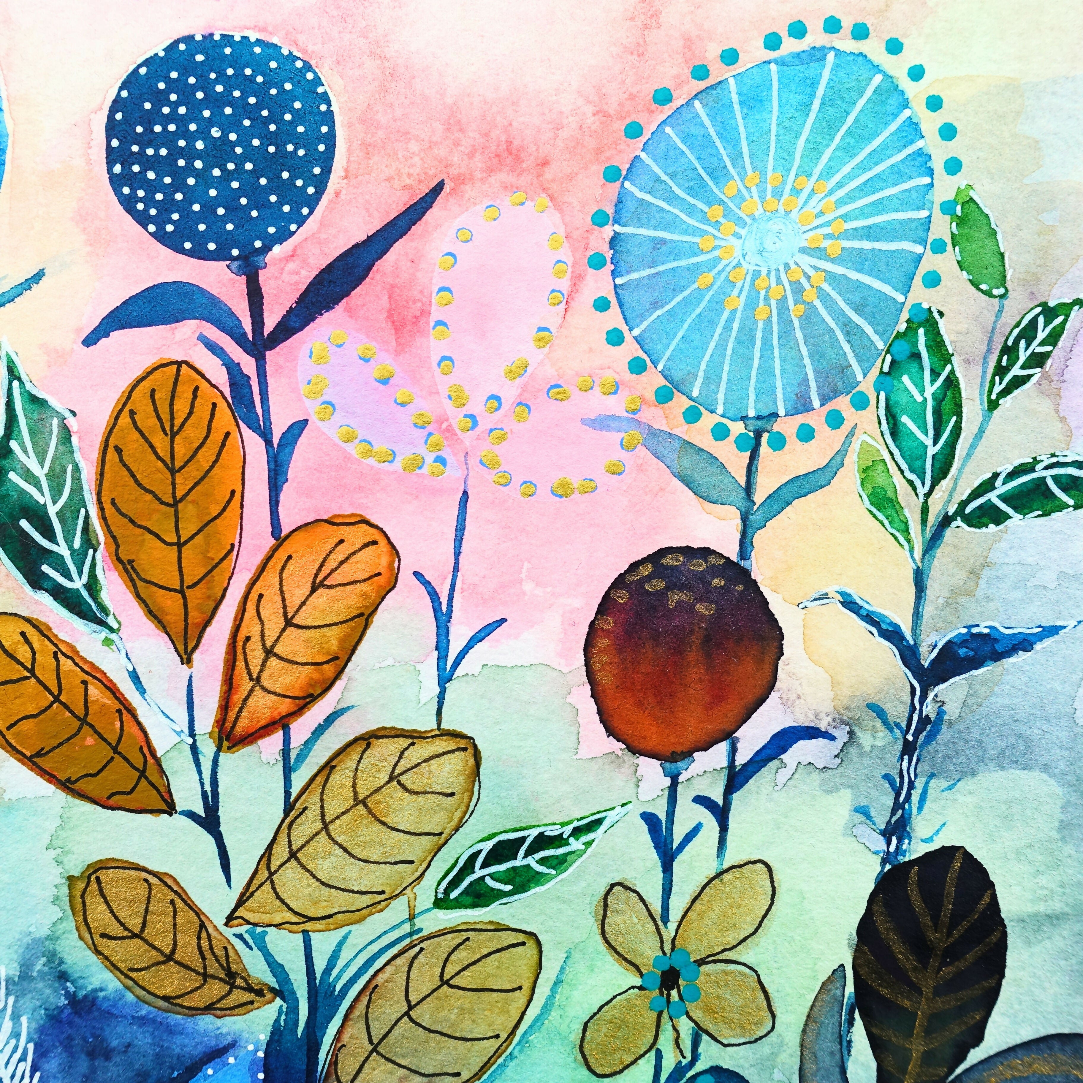 'Seed Heads & Autumn Leaves' Original Mixed Media Painting