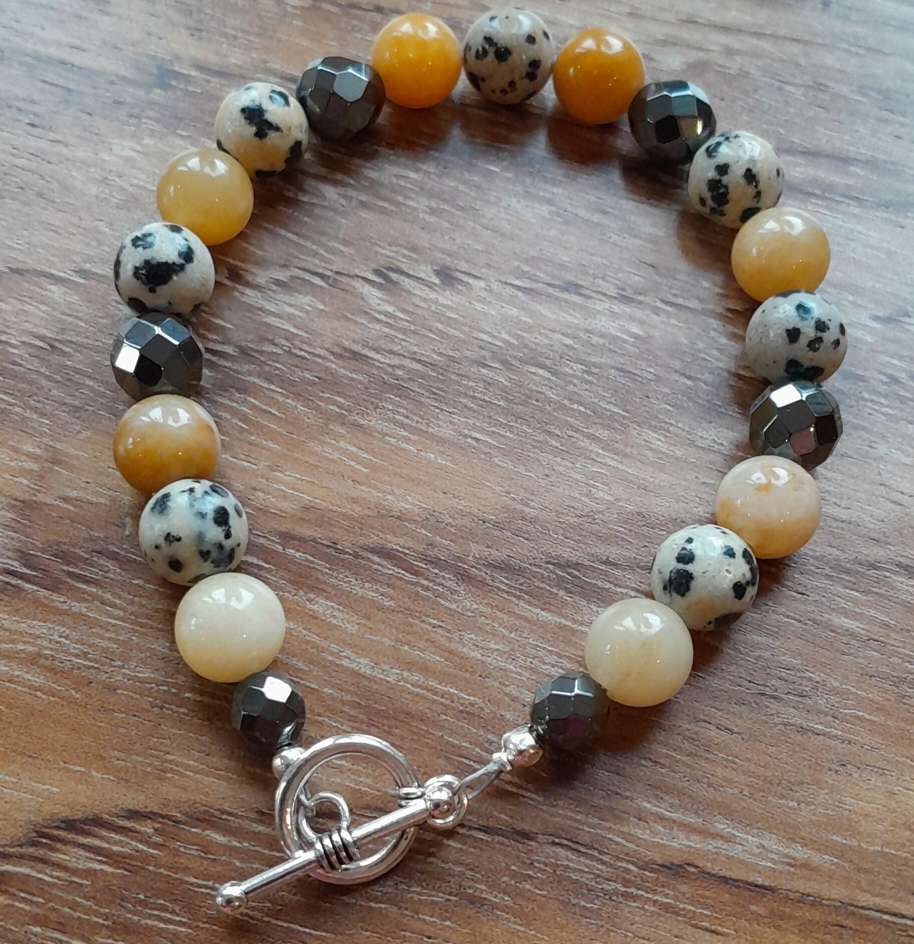 Gemstone Bracelet with Tibetan Silver Toggle Catch, Faceted Grey Hematite, Yellow Jade and Dalmatian Jasper.
