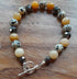 Gemstone Bracelet with Tibetan Silver Toggle Catch, Faceted Grey Hematite, Yellow Jade and Dalmatian Jasper.