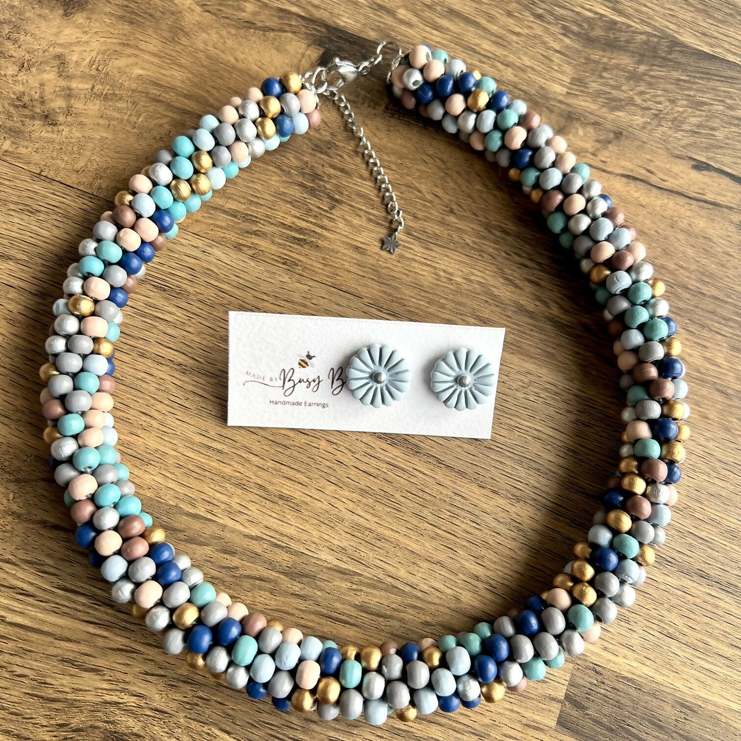 Boho Chic Wood Beads Choker/ Handmade Multicolour Necklace with FREE pair of studs