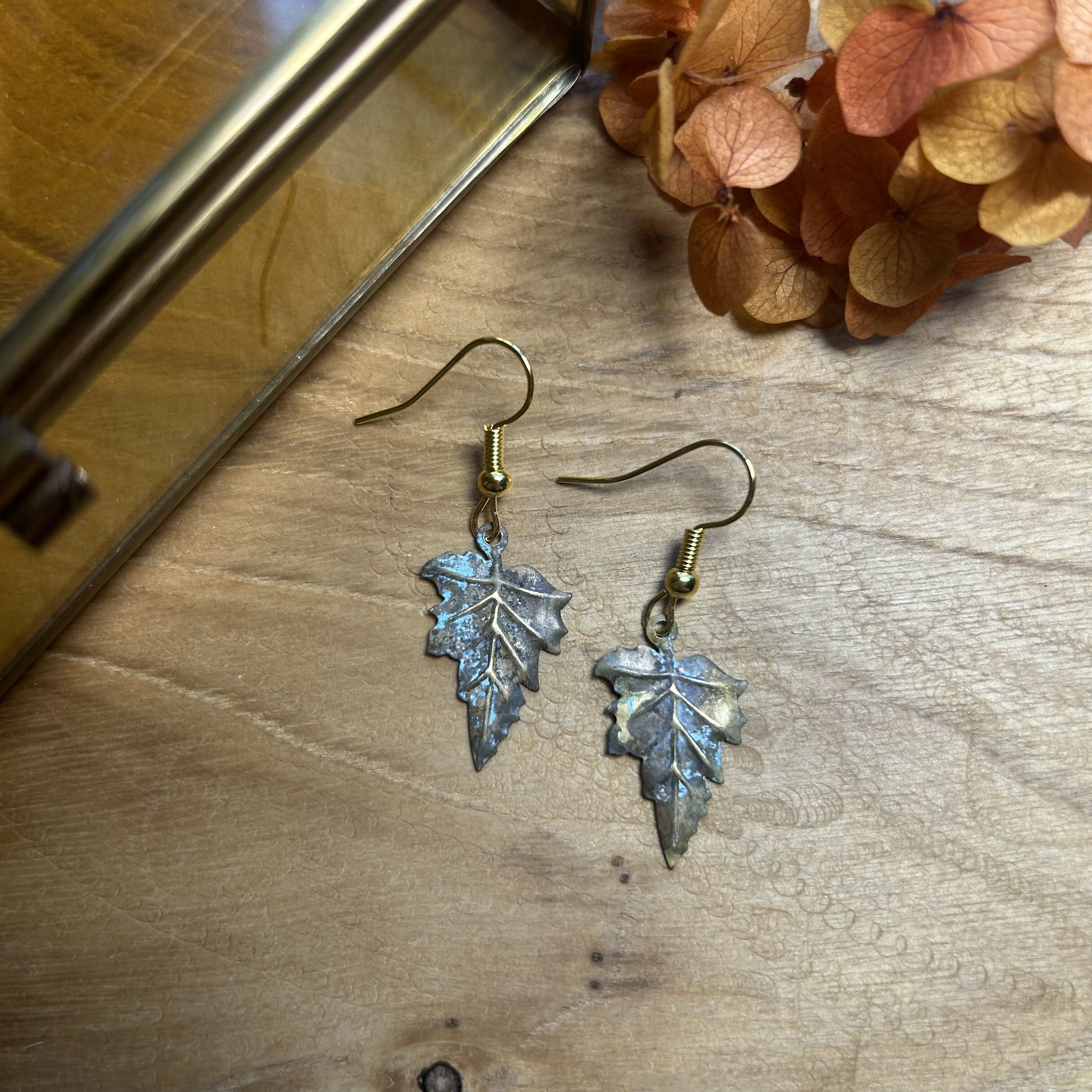 Stunning Brass Turquoise Patina Leaf Earrings