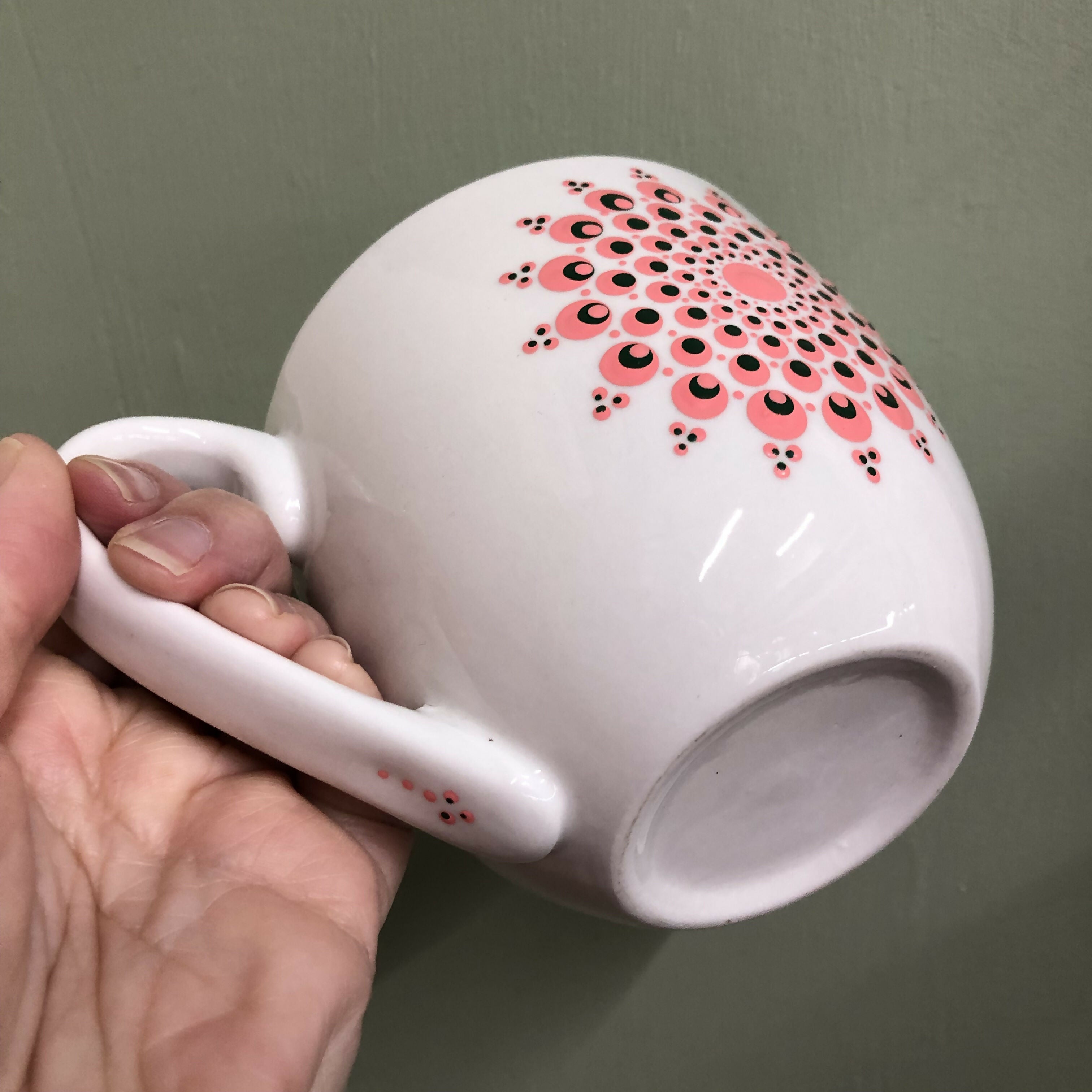 Hand Painted Dot Mandala Large Mug: Tropic and Dark Green