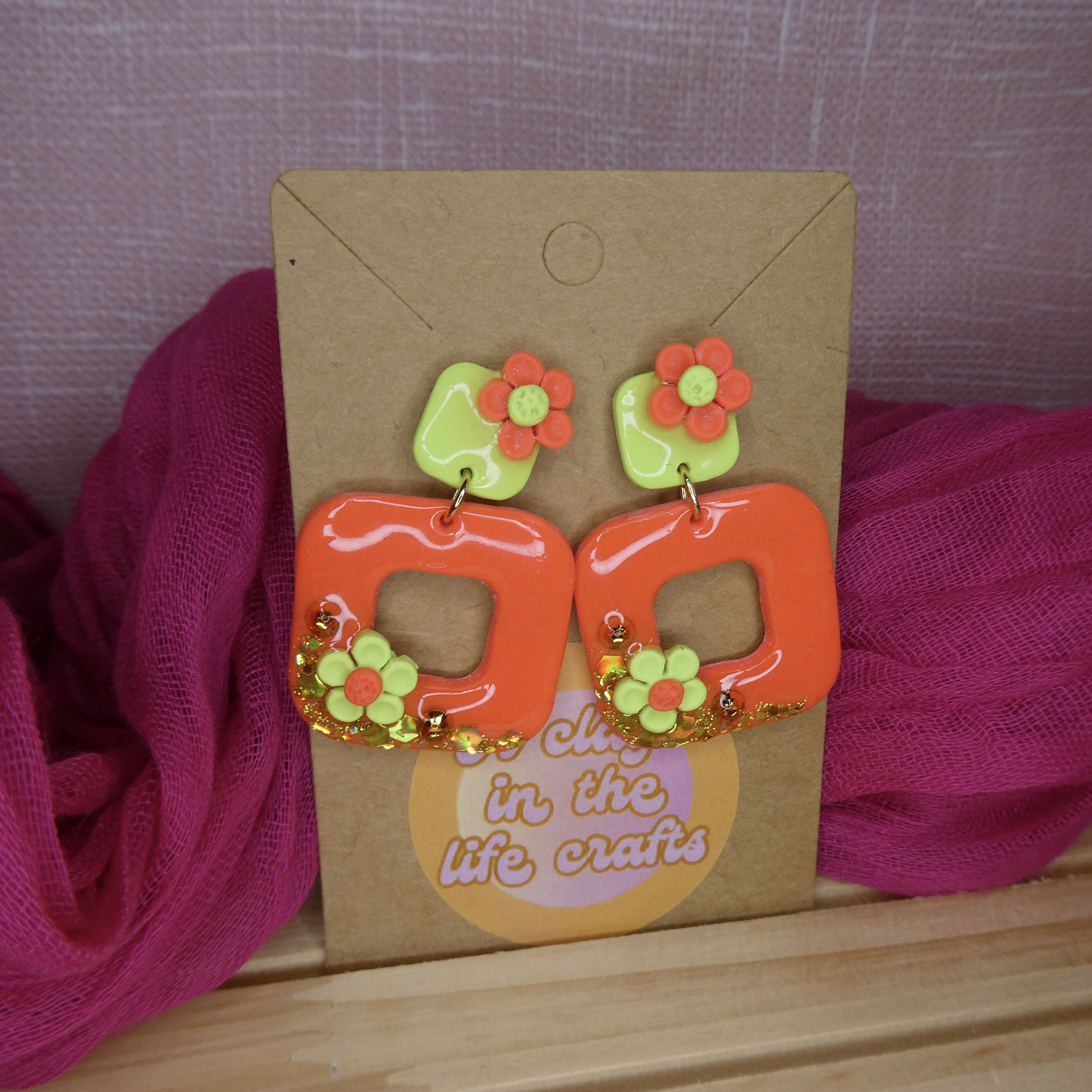 Coral And Lime Green Square Polymer Clay Earrings With Flower And Glitter Detail