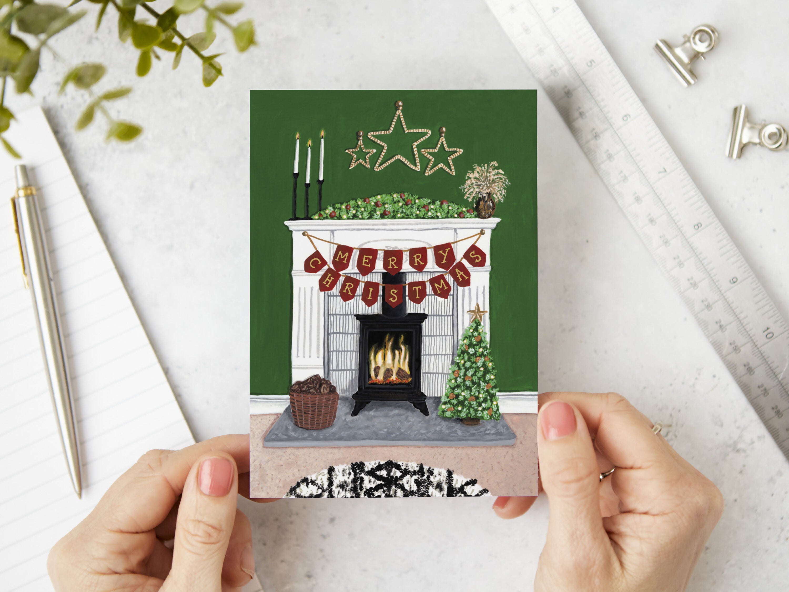 Green Fireplace Cosy Christmas Card A6