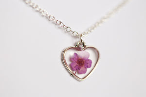 Purple Baby’s Breath Tiny Heart Necklace Silver Plated