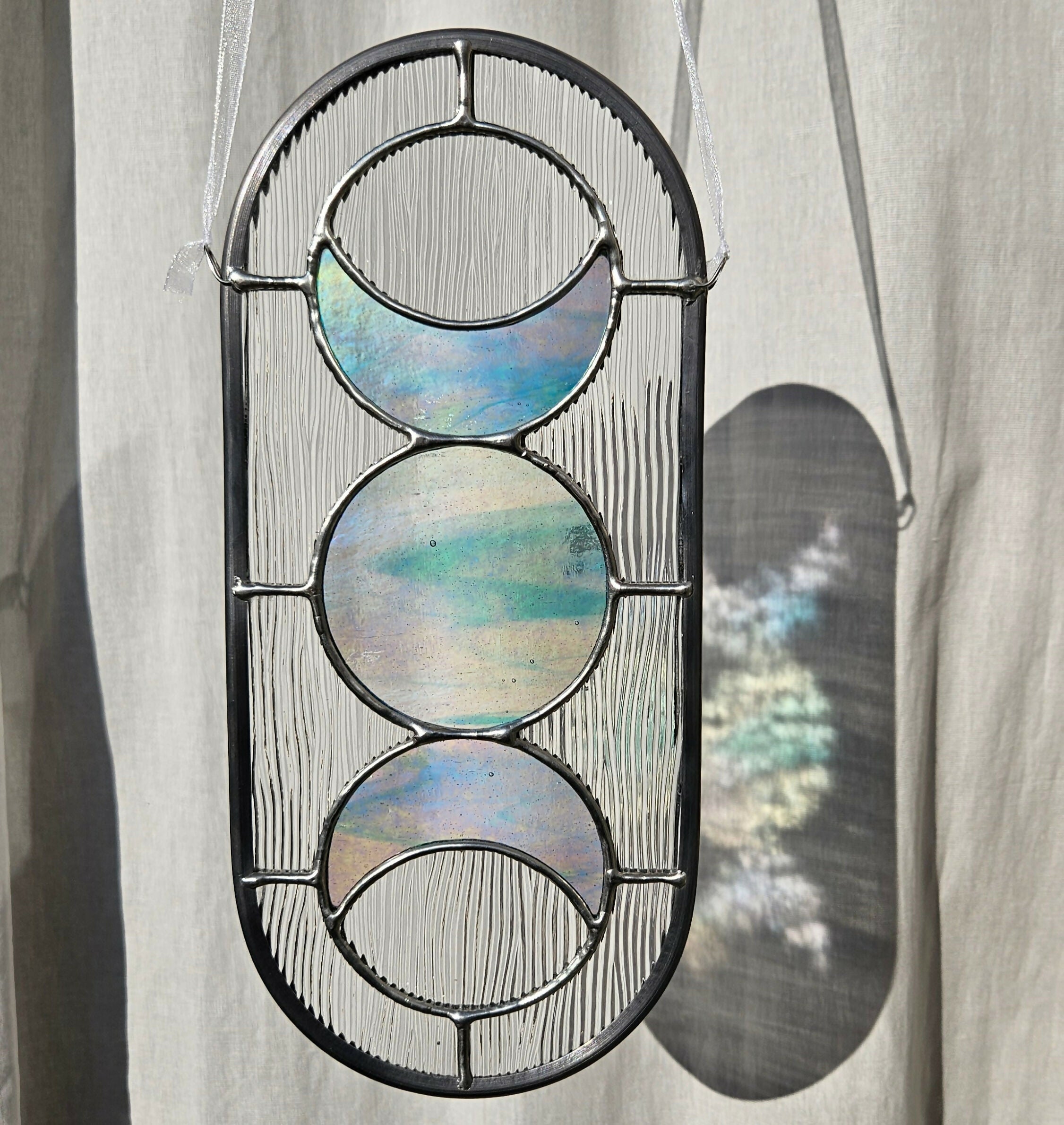 Iridescent & Clear Corded Moon-Phase Stained Glass Panel
