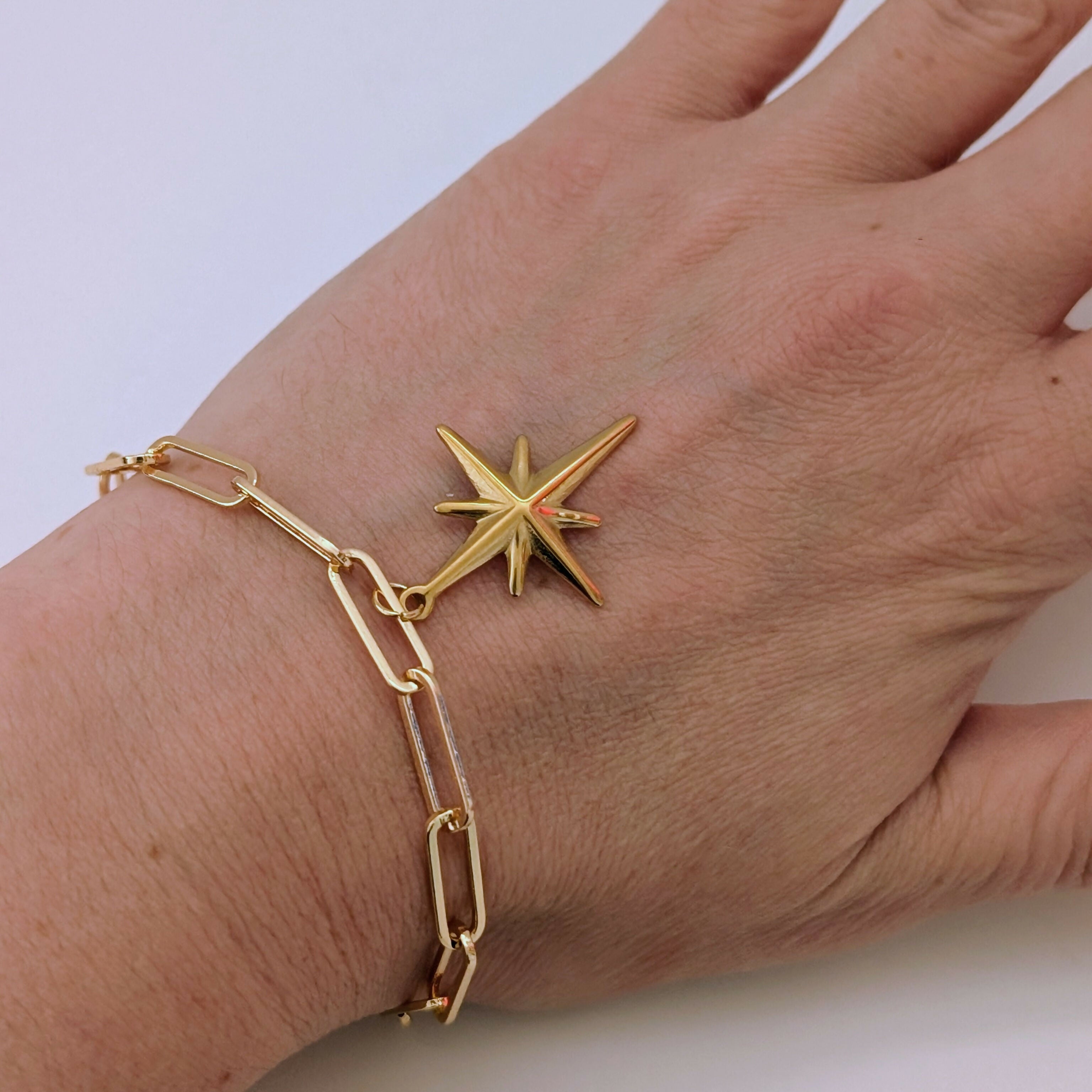 Gold North Star Bracelet on Paperclip Chain
