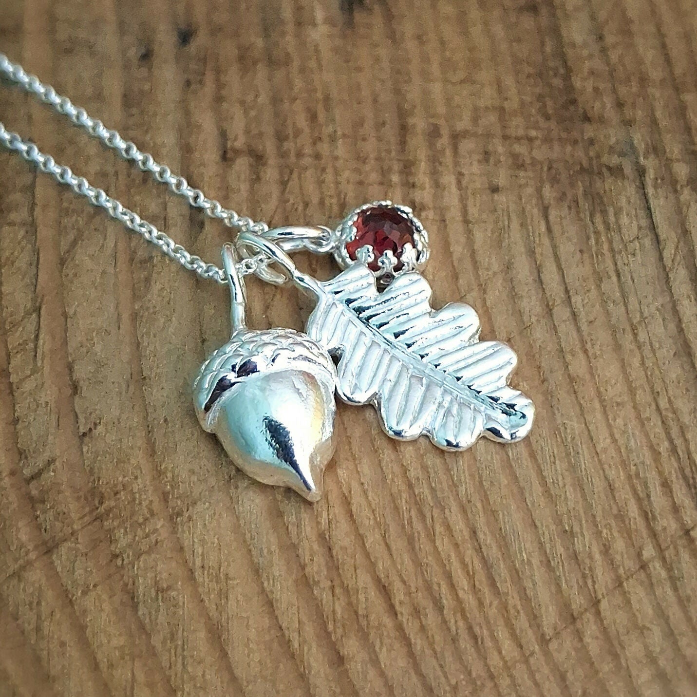 Handmade Large Oak Leaf & Acorn Necklace With Garnet