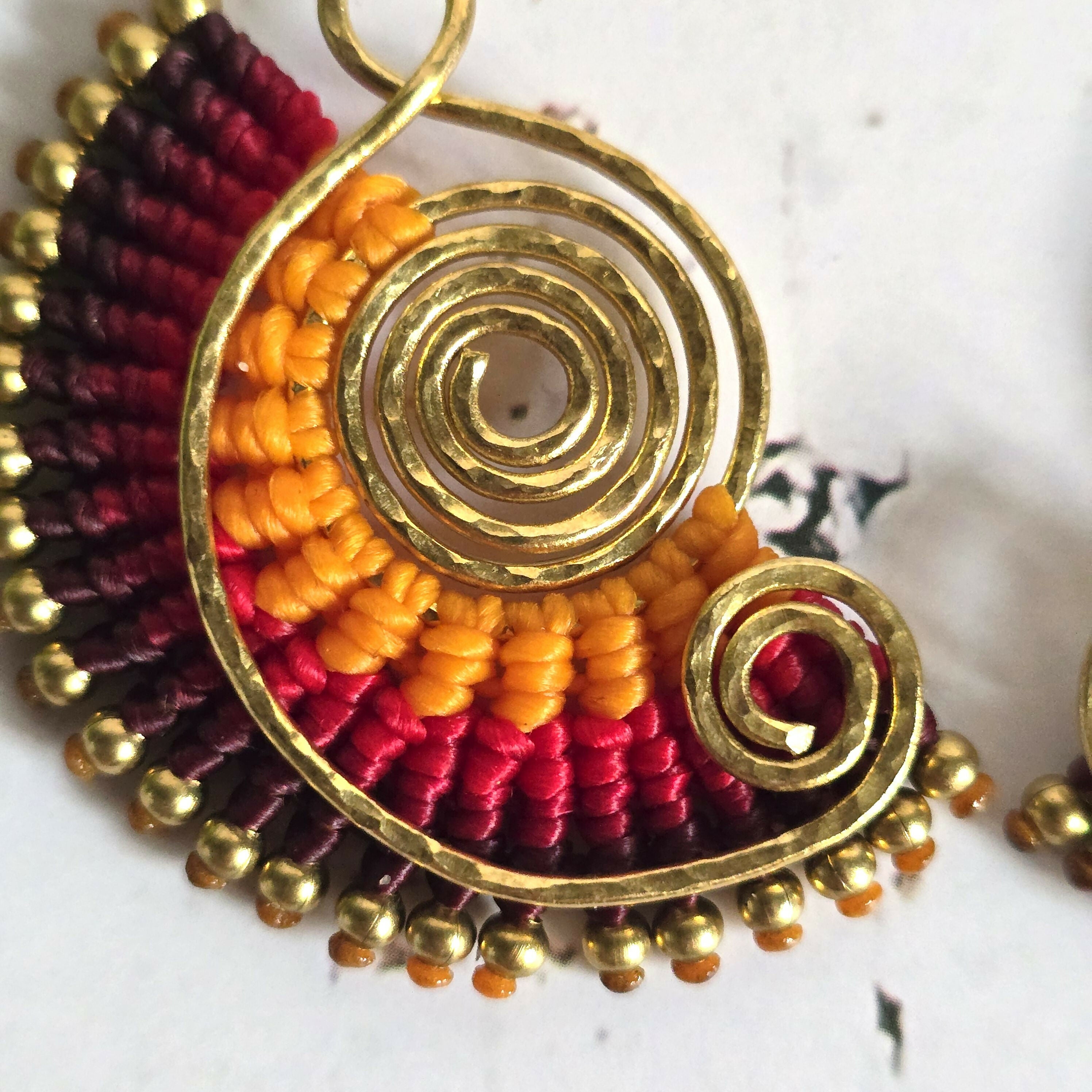 Sunset Macrame Earrings; Golden Spiral Knotted Cord Boho Red Orange Yellow Earrings