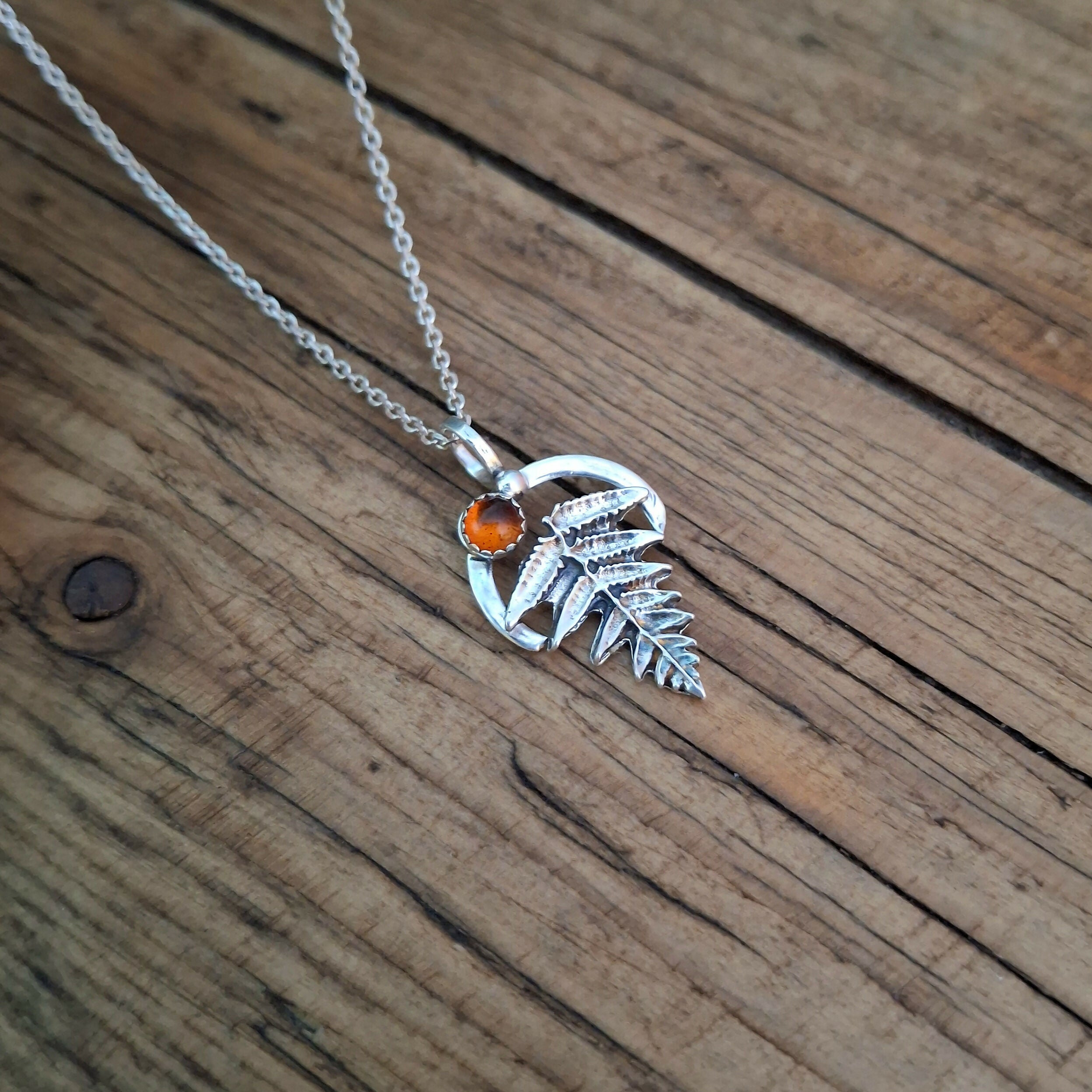 Handmade Silver Fern Leaf Necklace Amber