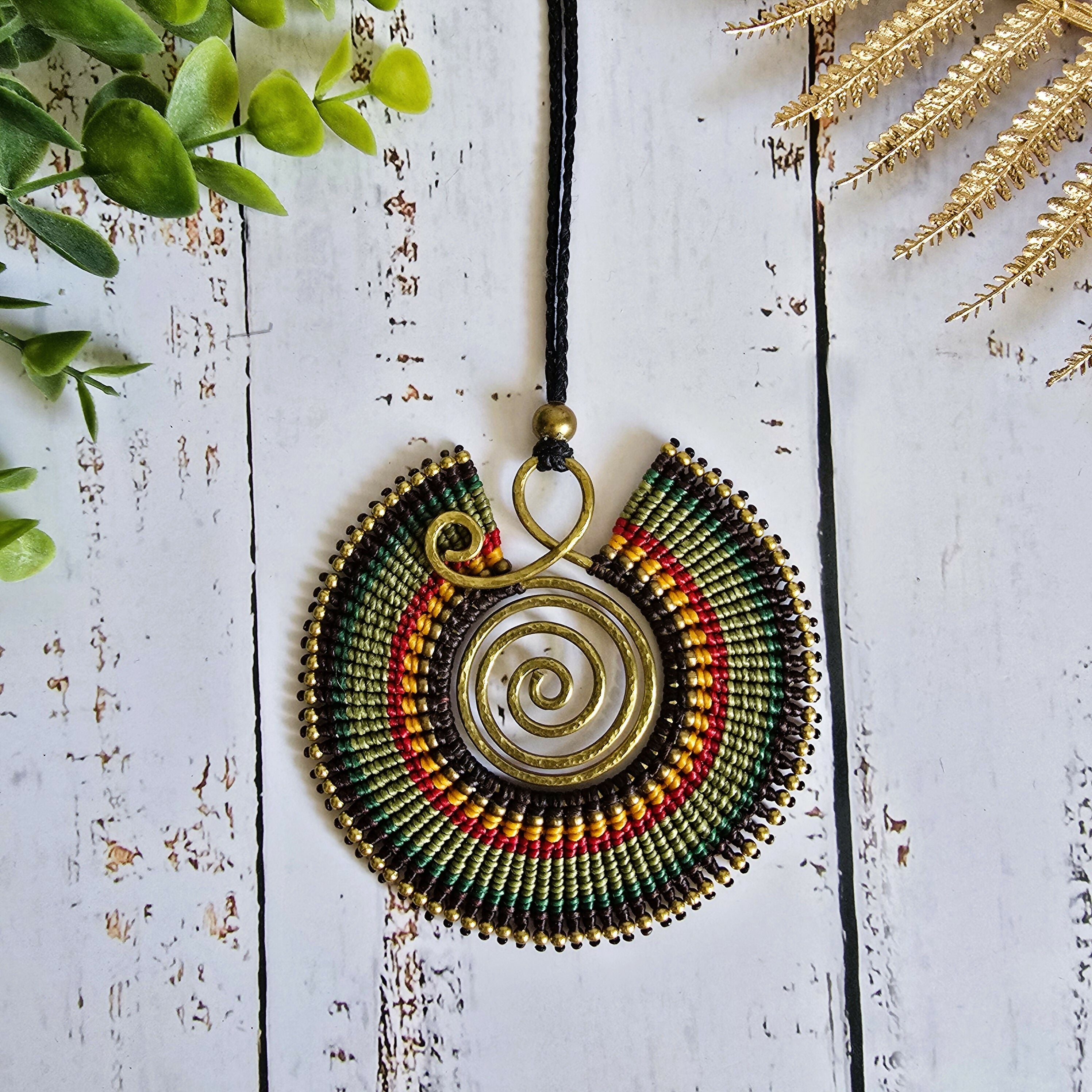 Large Green Macramé Necklace; Full Moon Boho Statement Pendant with Gold Spiral