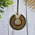 Large Green Macramé Necklace; Full Moon Boho Statement Pendant with Gold Spiral