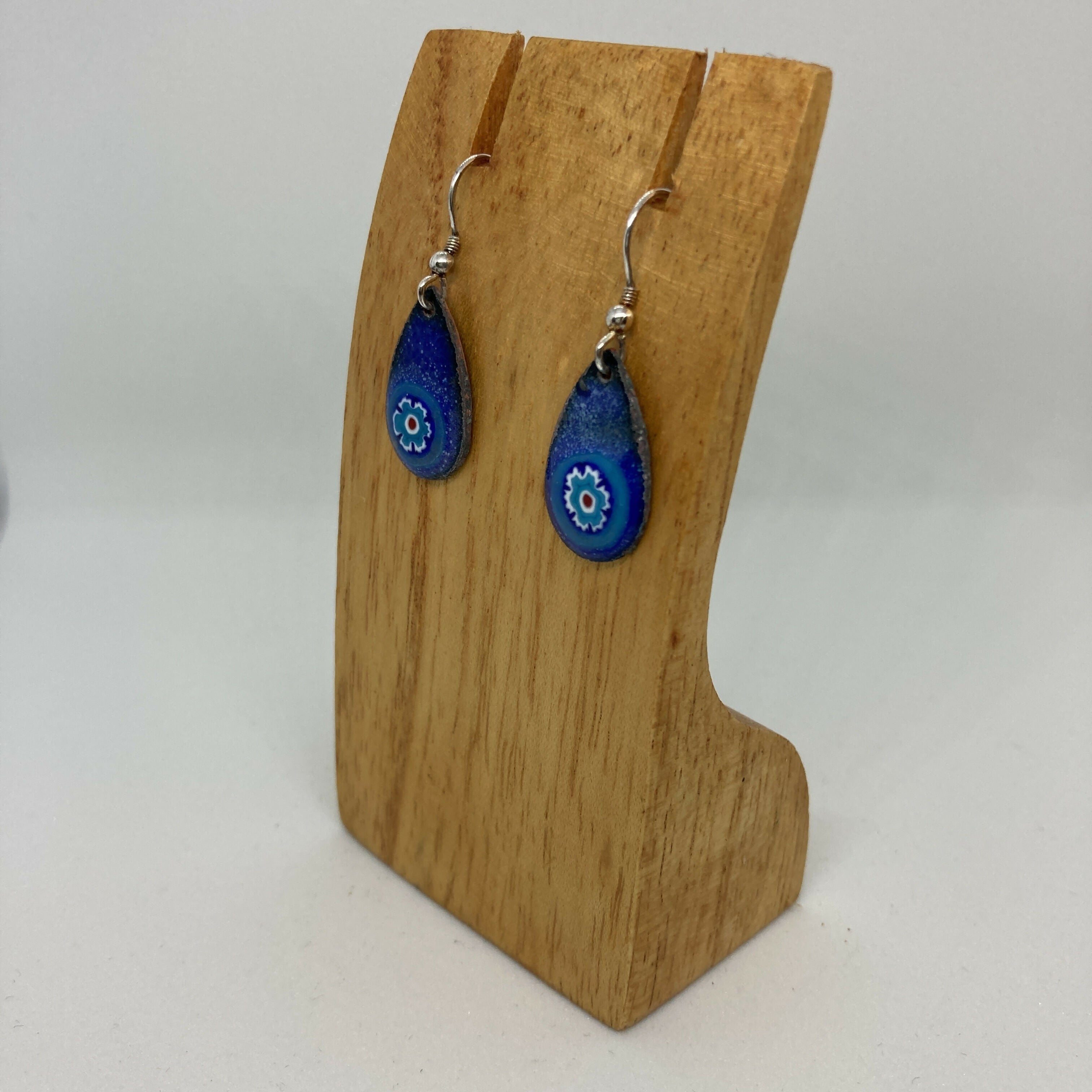 Blue & Silver Enamel Drop Earrings with Flower Pattern