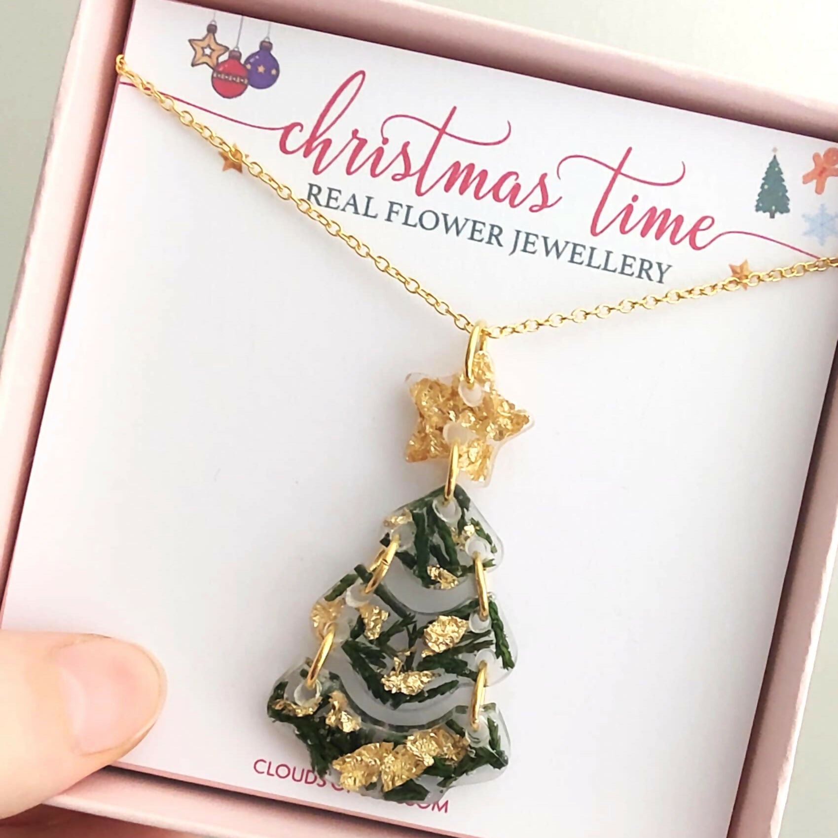 Real Christmas Tree Leaf Dangle Necklace Gold Plated