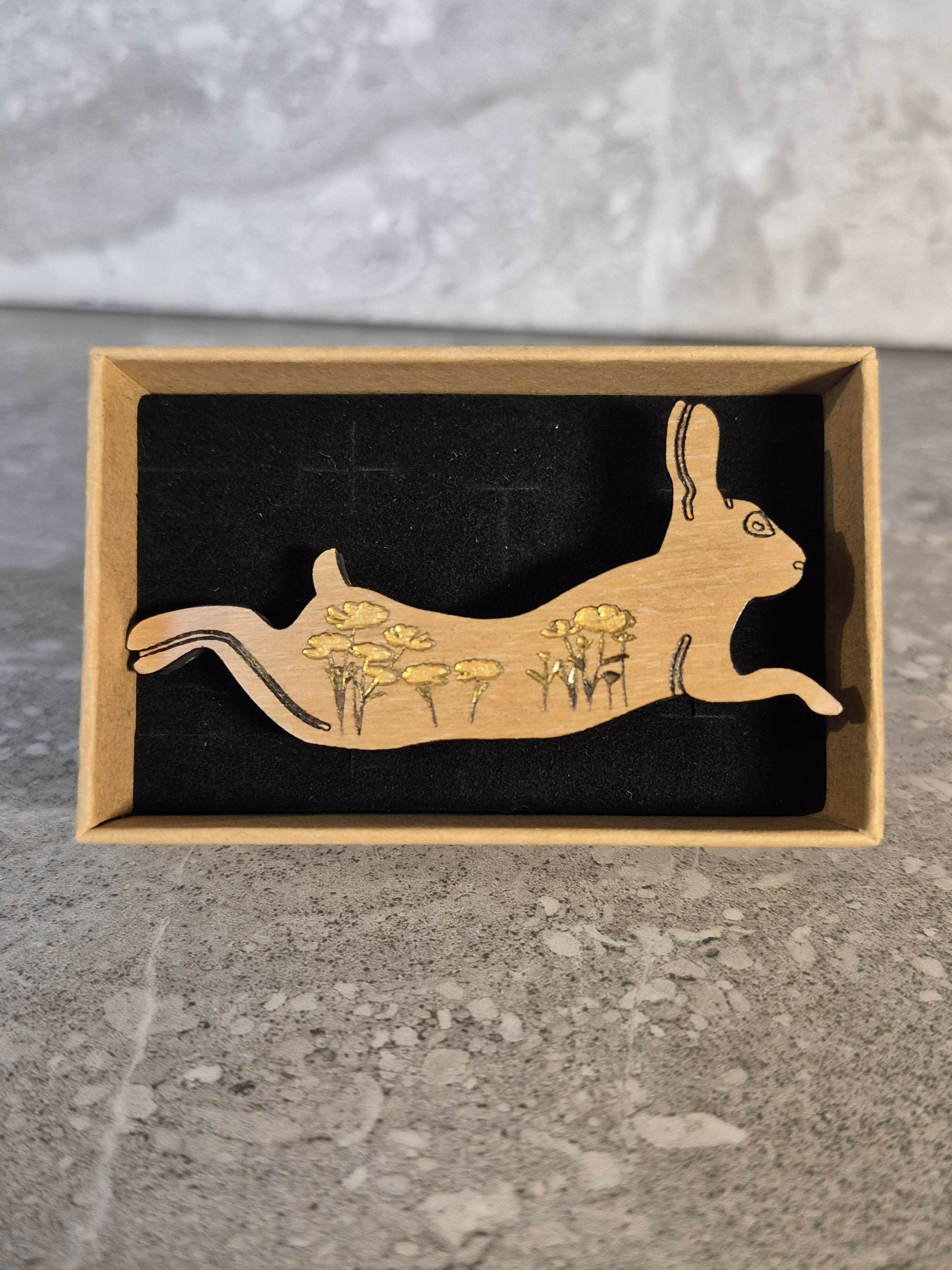 Handcrafted Cherry Veneered Leaping Hare Pin
