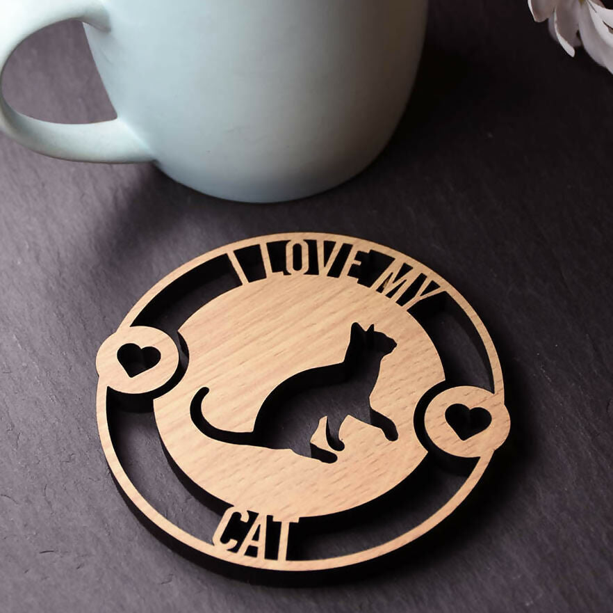 I Love My Cat Laser Cut Wooden Coaster