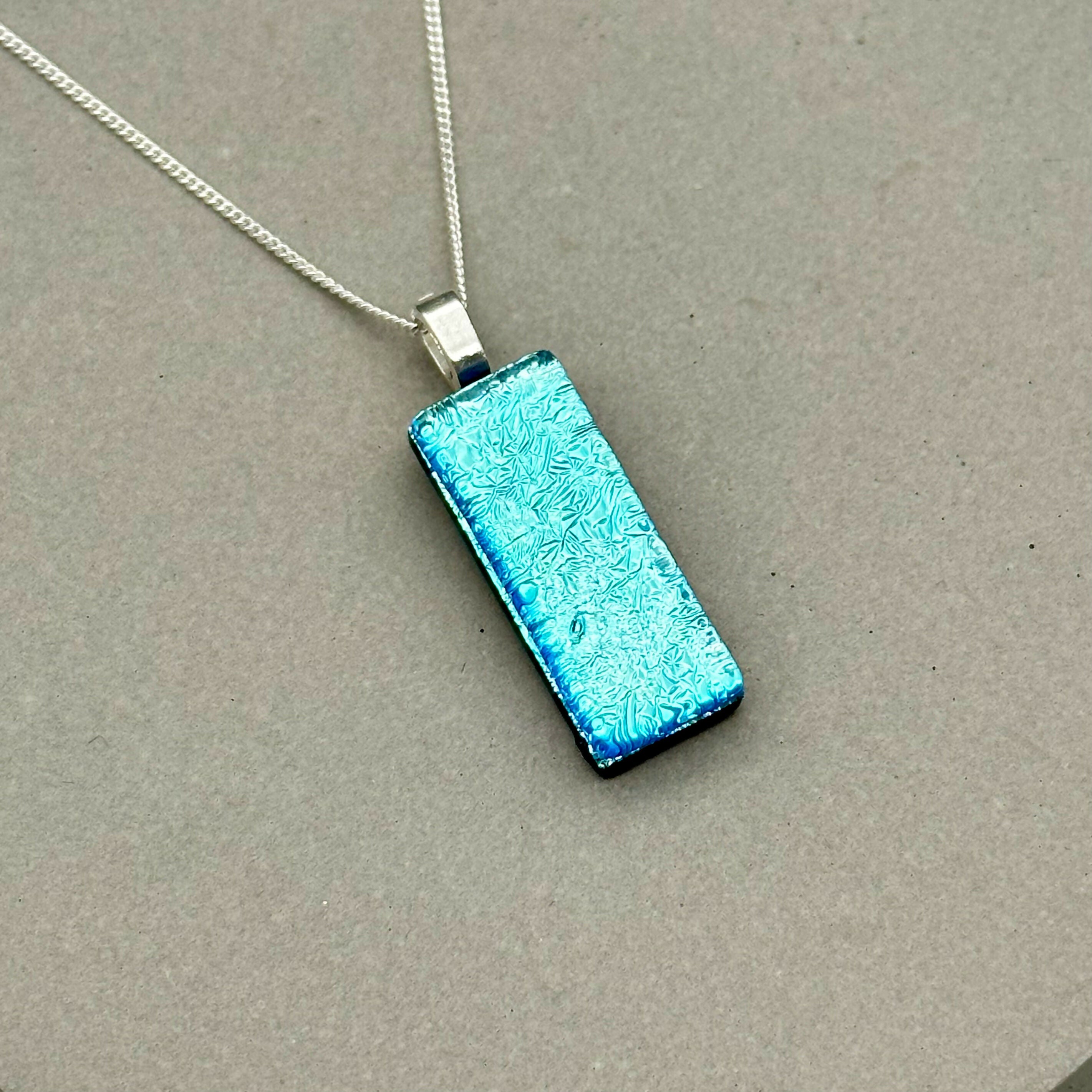Ice Blue Dichroic Fused Glass Pendant with Silver Plated Chain - Handmade by Jade Tapson Glass.