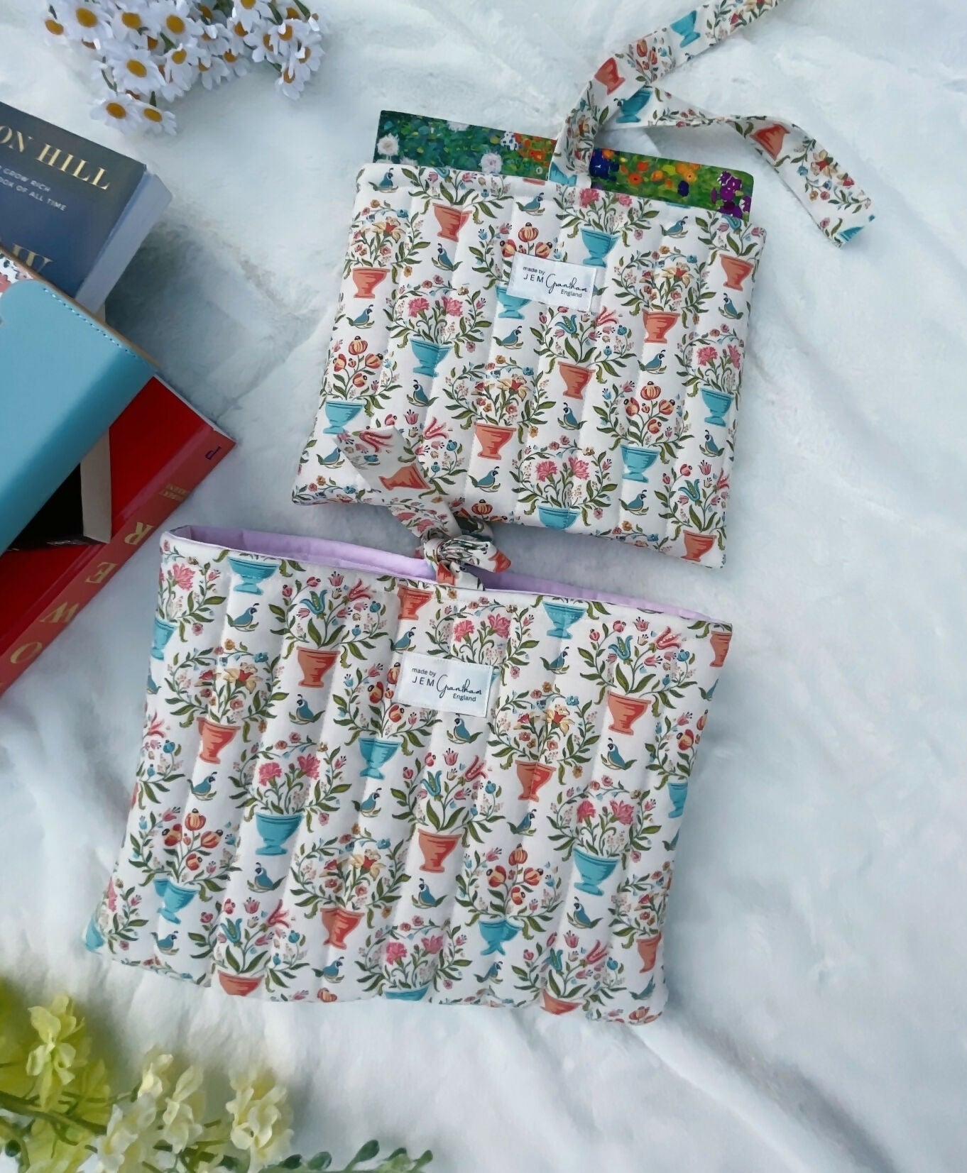 Handmade Quilted Book Sleeve Cream Flower Pot Print