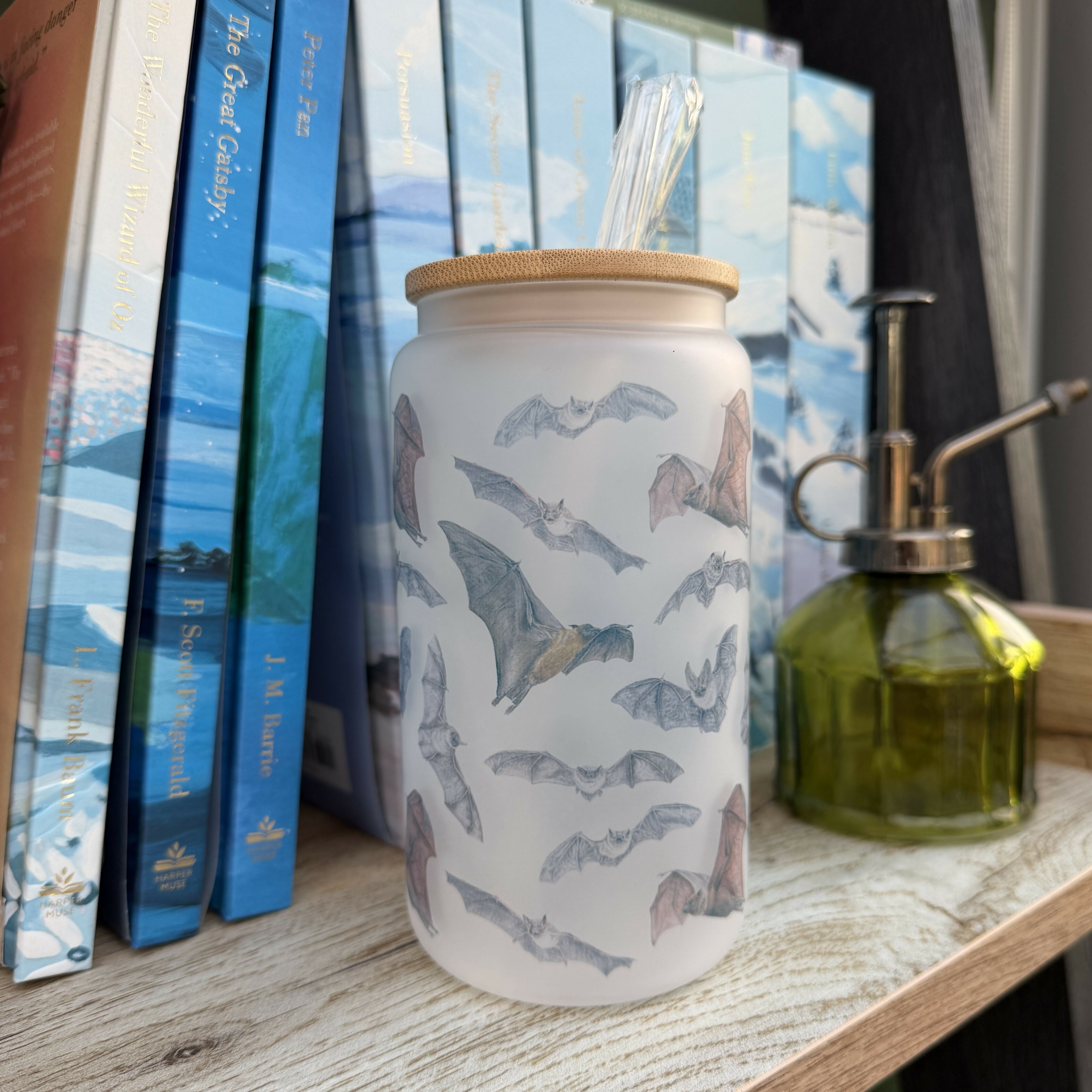 Bat - 16oz Glass Tumbler with Bamboo Lid and Glass Straw