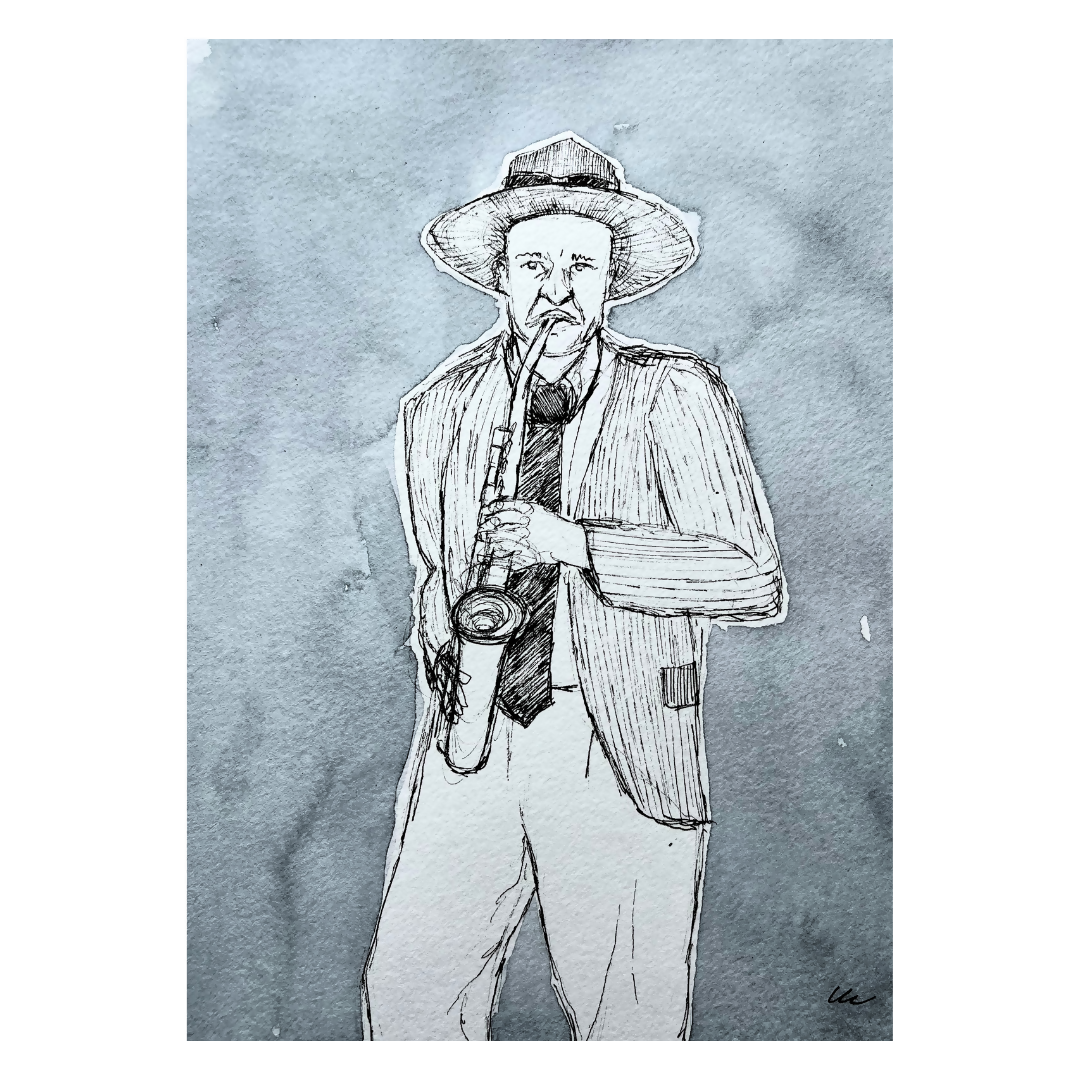 Saxophone Player Art Print | Monochrome Watercolour Musician Portrait