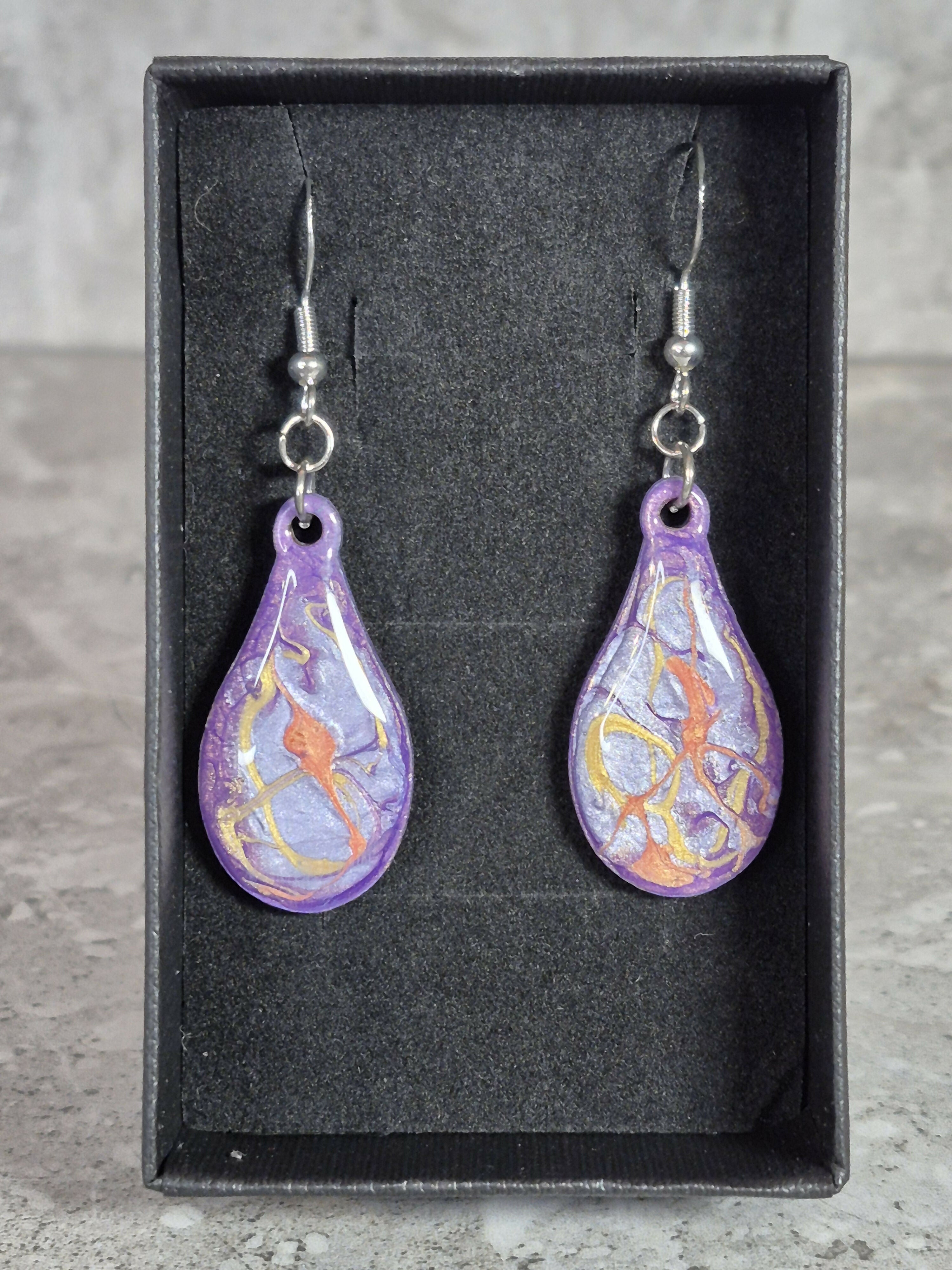Handcrafted Tear Drop Purple, Silver, Gold And Orange Earrings