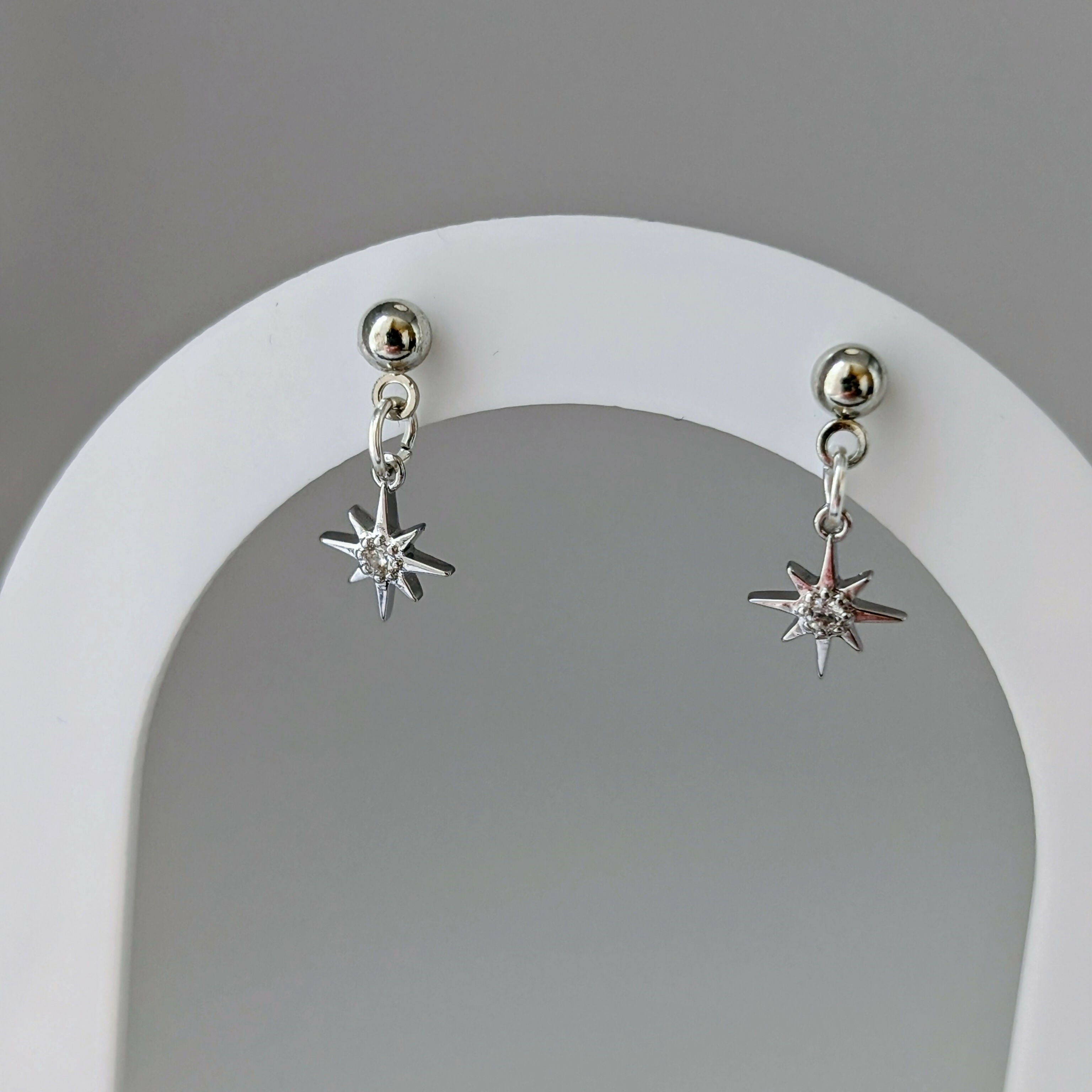 Tiny Silver Star Earrings with Cubic Zirconia Centre on Silver Plated Stud