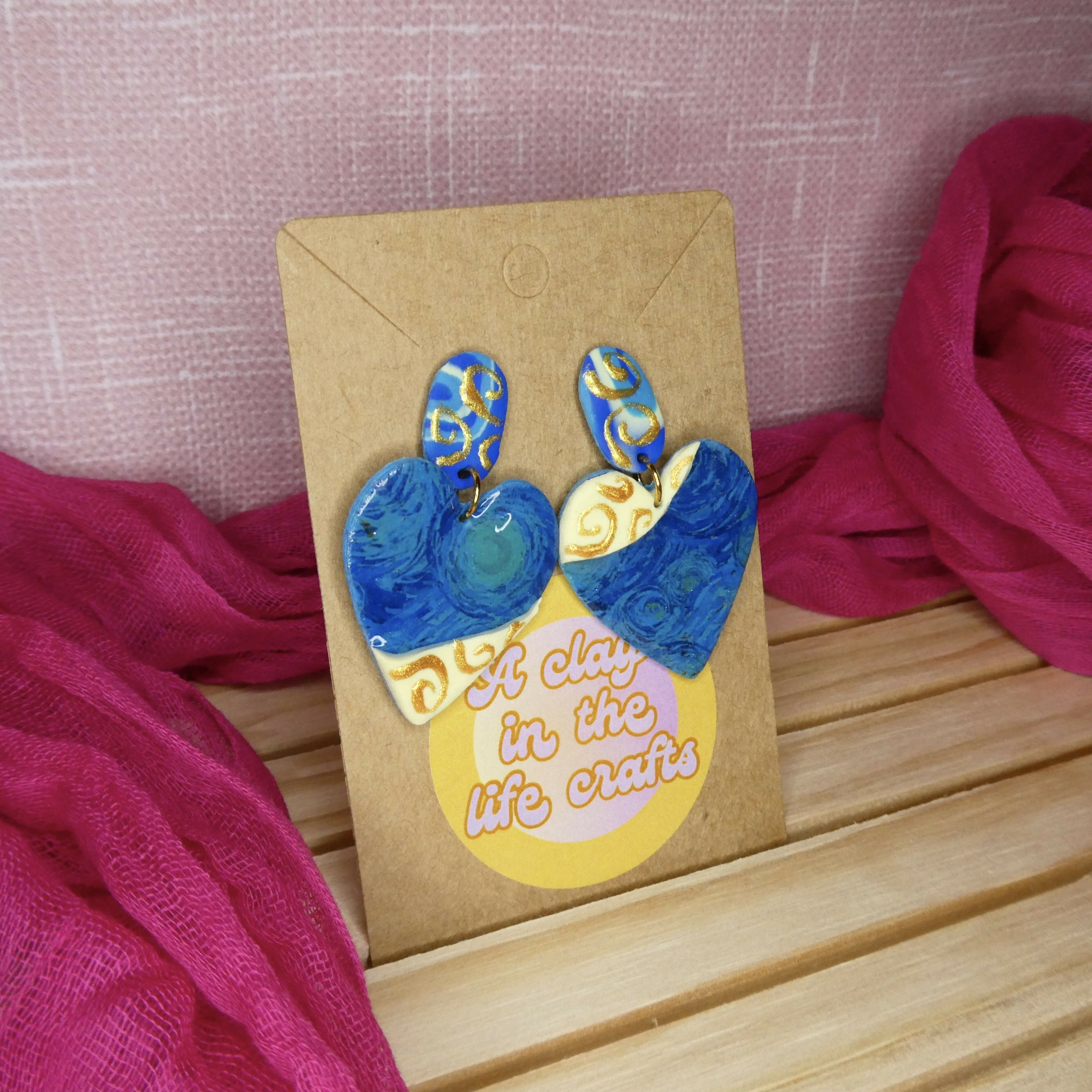 Starry Night Artwork Heart Polymer Clay Earrings